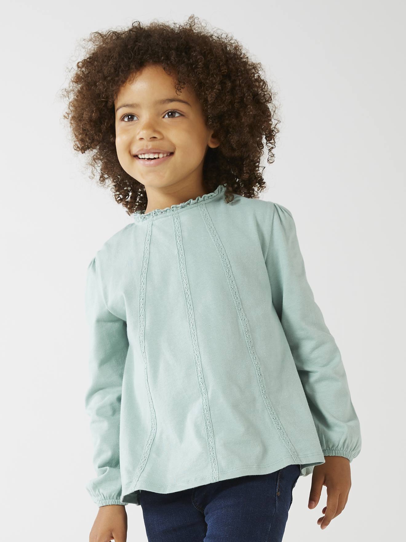 T-shirt blouse fille détails en macramé manches longues vert clair uni