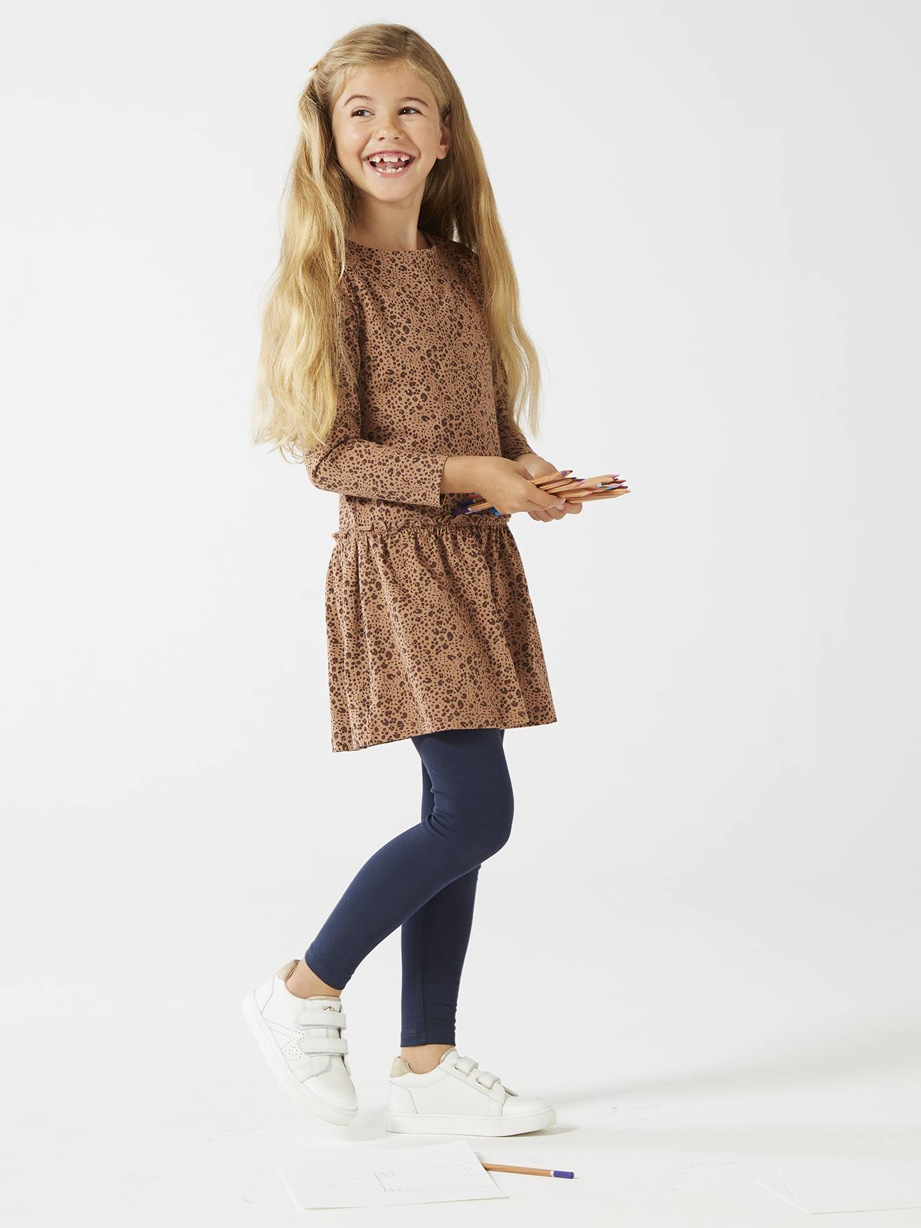 Robe Basics imprimée fille manches longues marron imprimé