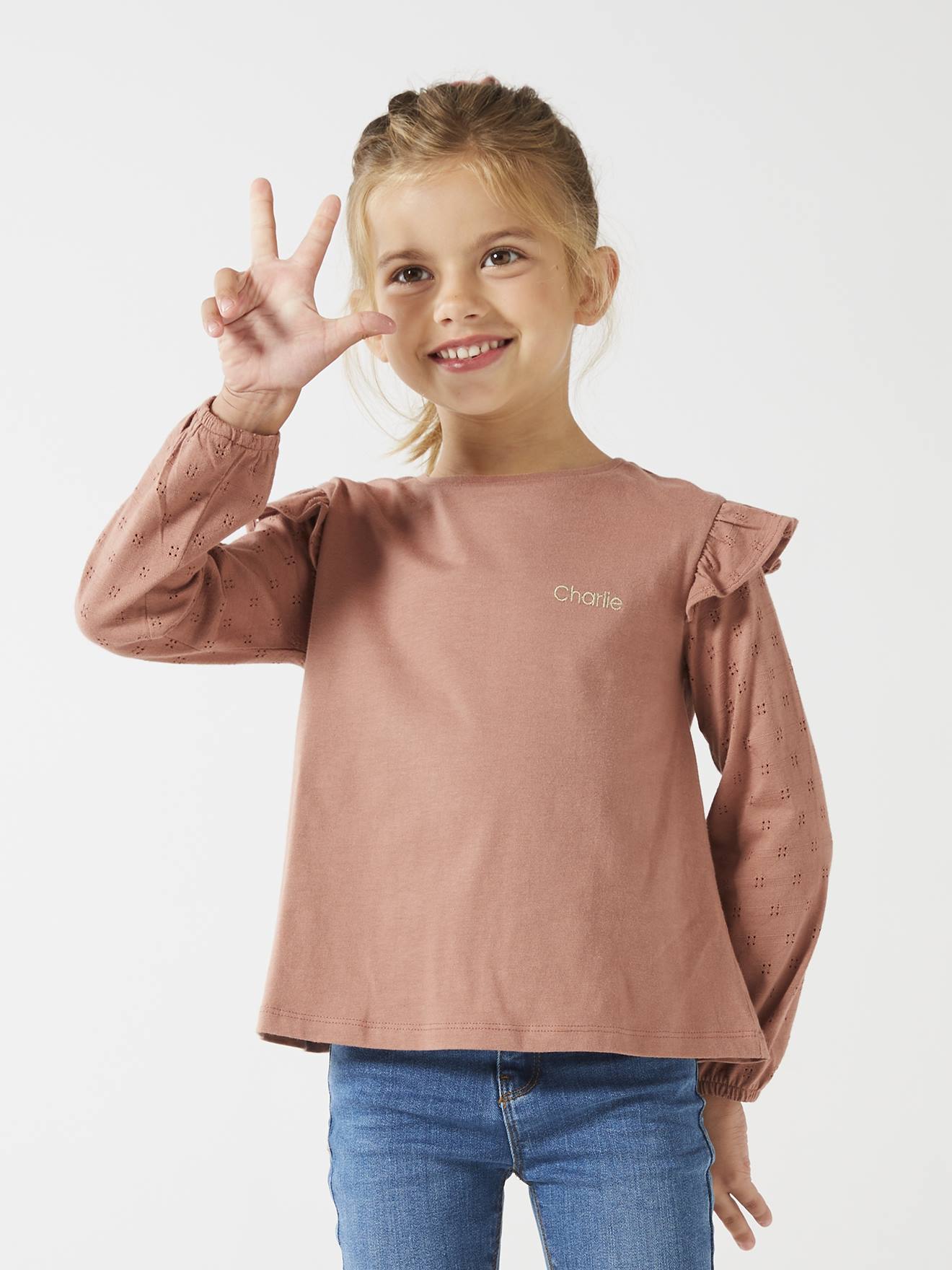 Tee-shirt volanté BASICS fille personnalisable bois de rose