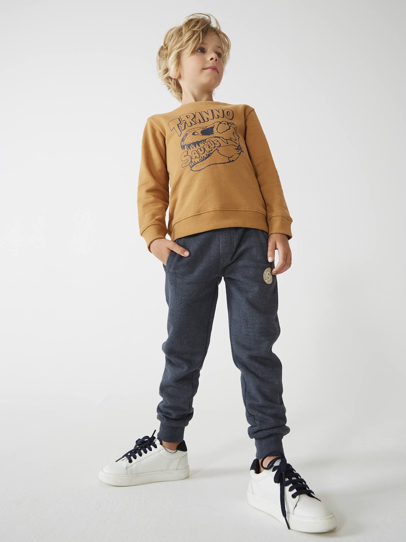 Pantalon jogging garçon en molleton marine chiné