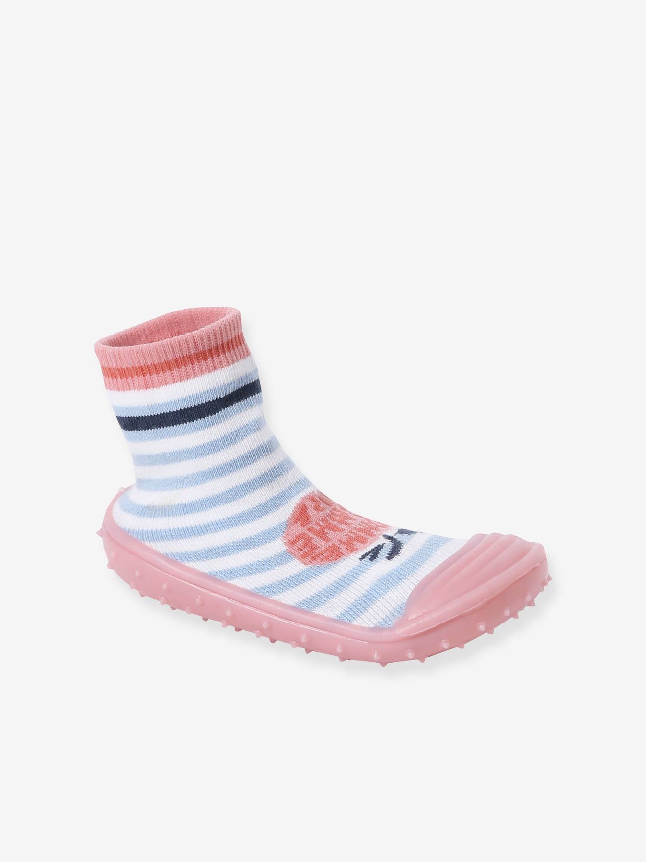 Chaussons chaussettes antidérapants enfant rayé bleu