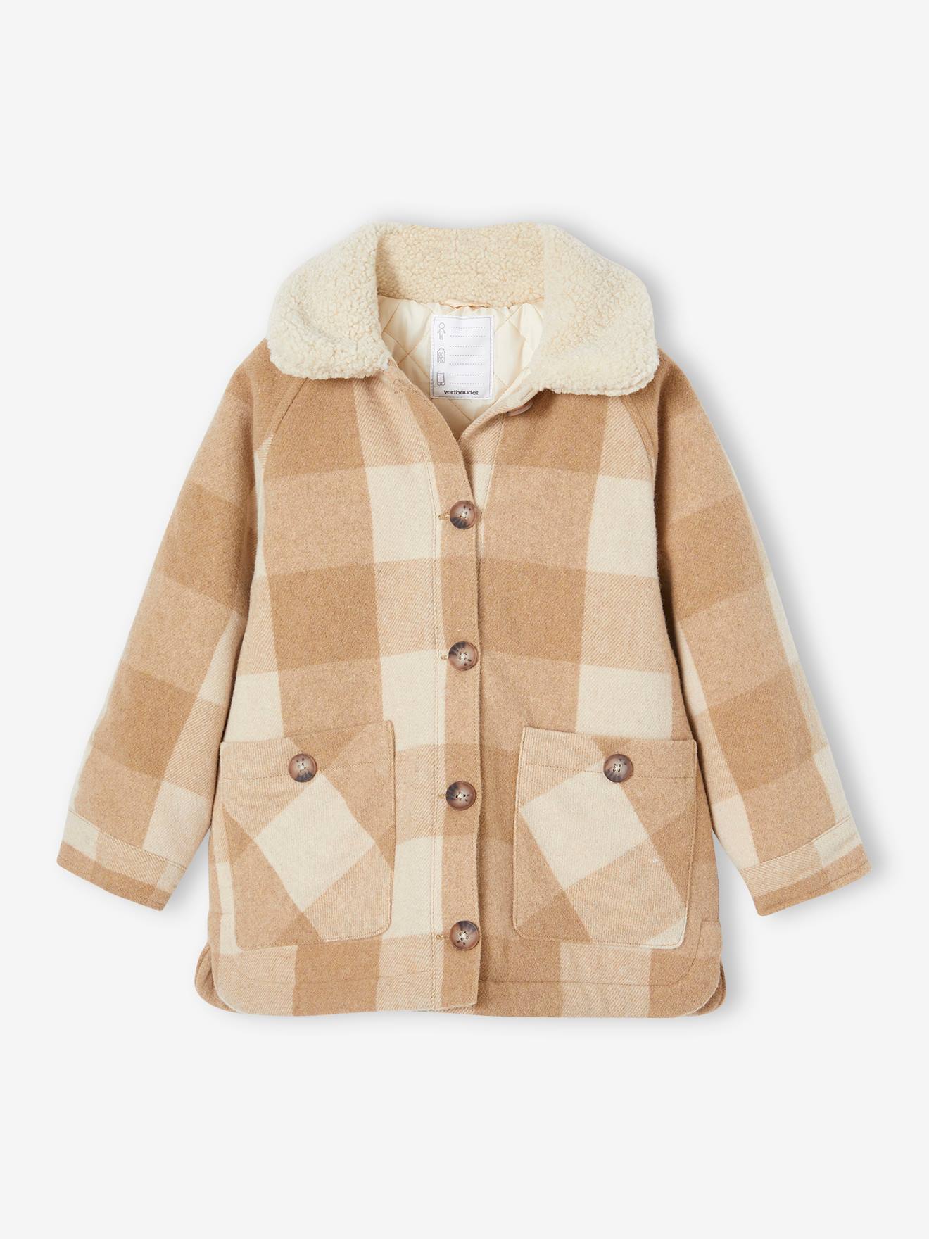 Manteau style surchemise en lainage   carreaux fille carreaux marron