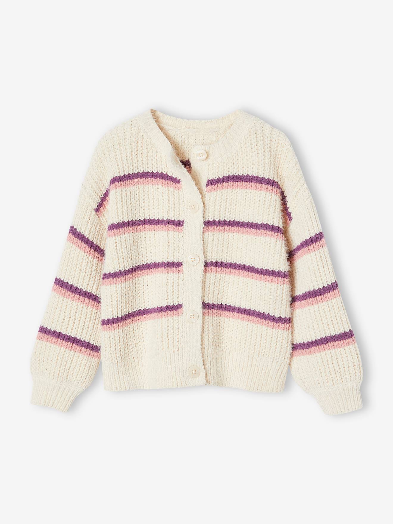 Gilet rayé en maille chenille fille écru
