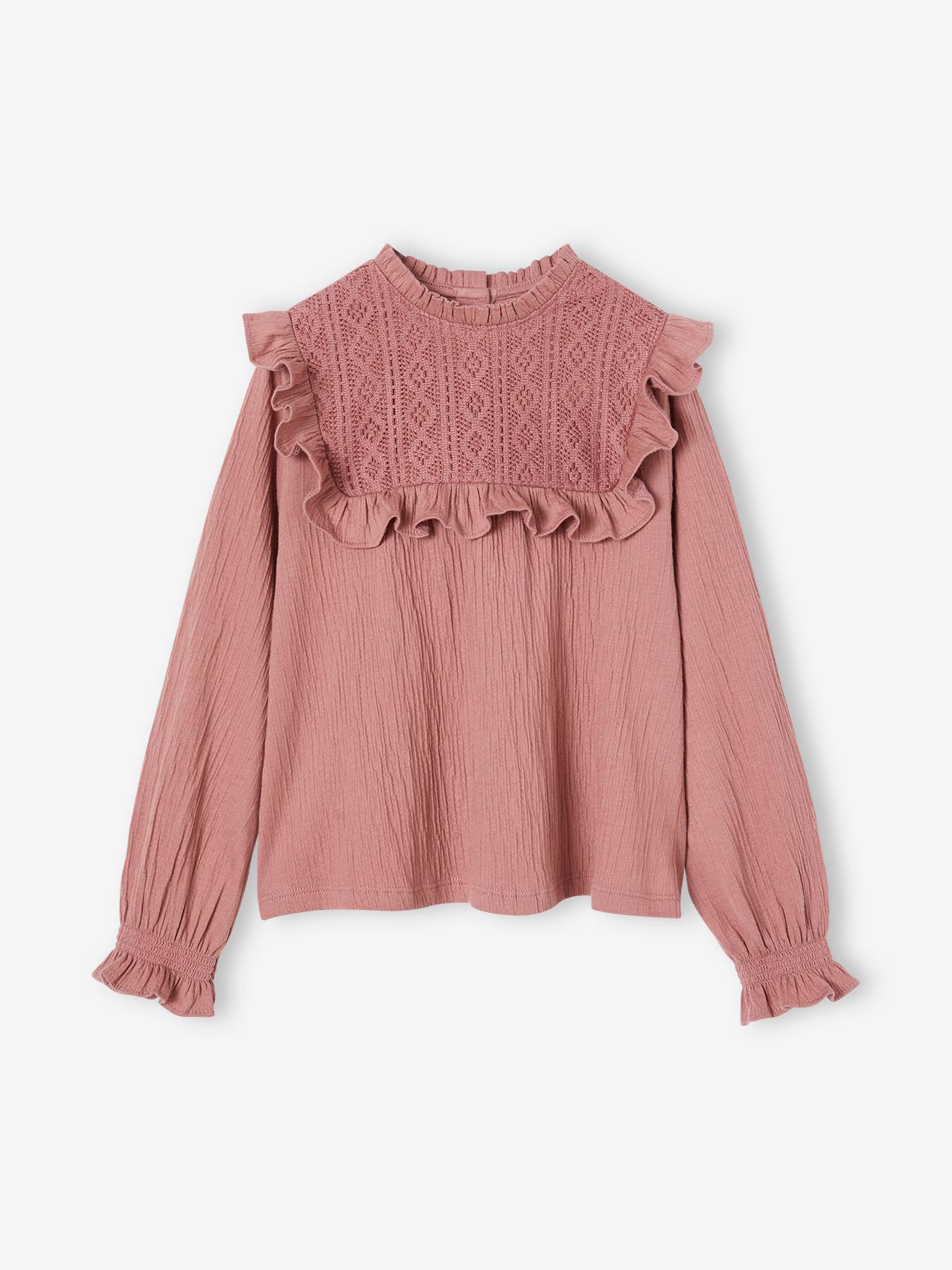 T-shirt blouse fantaisie fille maille texturée bois de rose