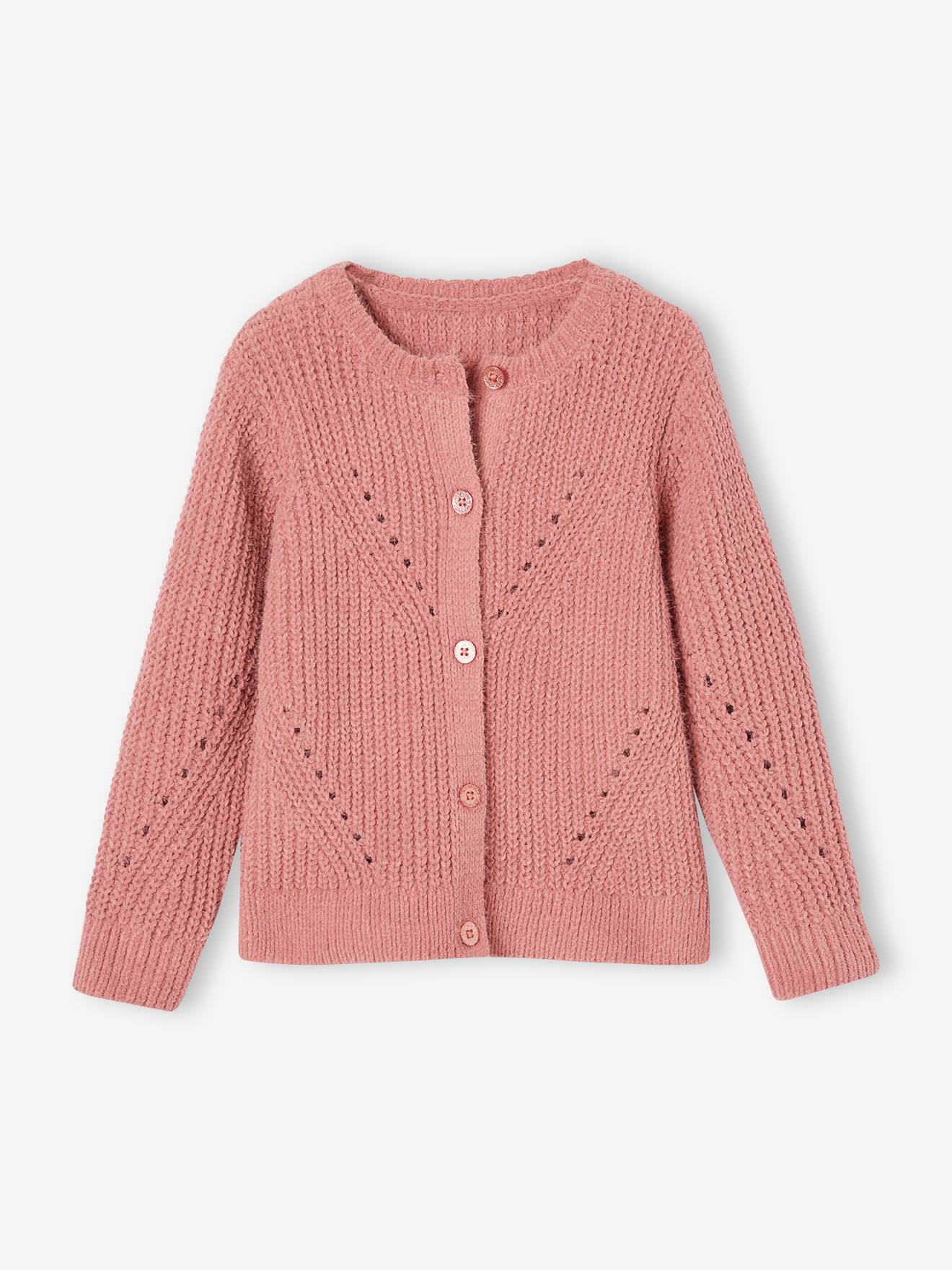 Gilet en maille chenille ajourée fille bois de rose