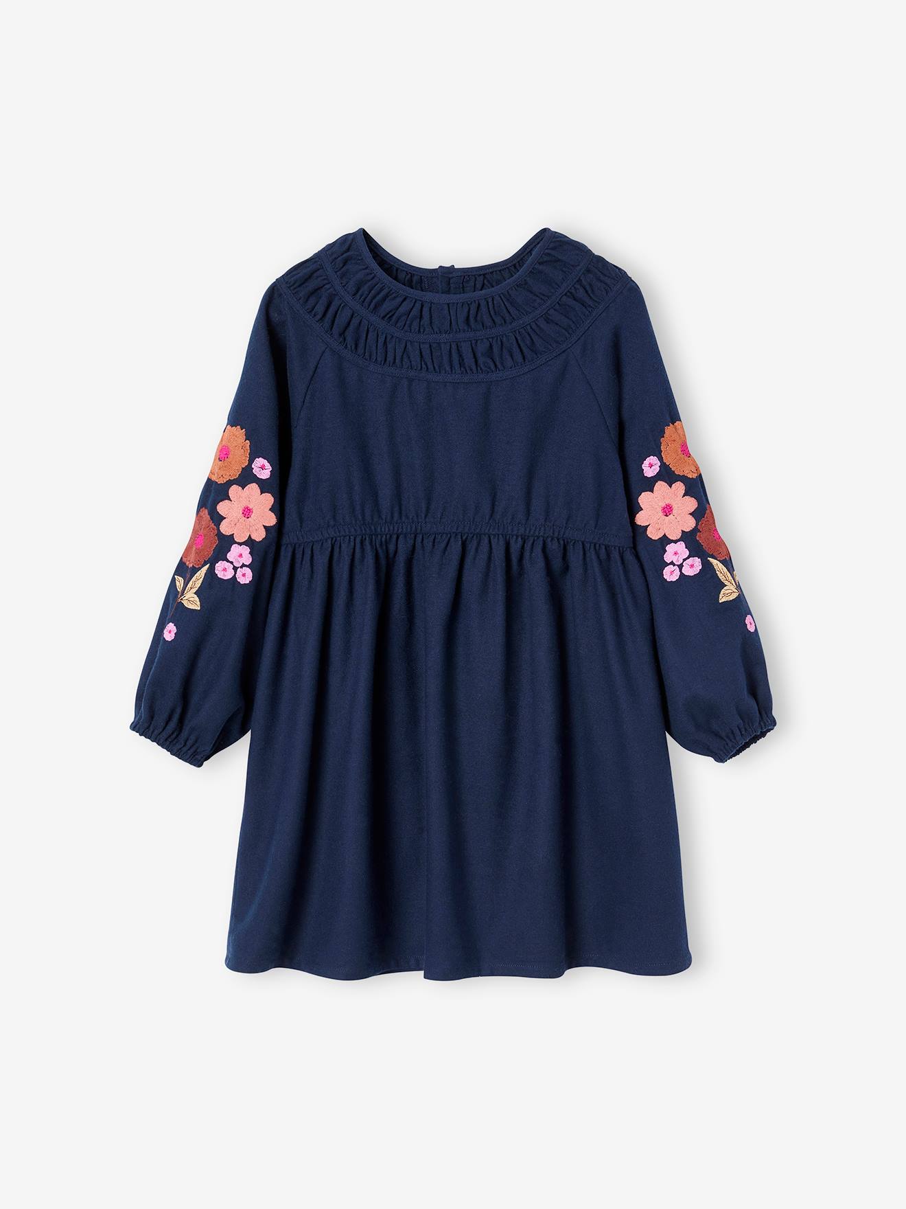 Robe manches longues brodées fleurs fille bleu nuit