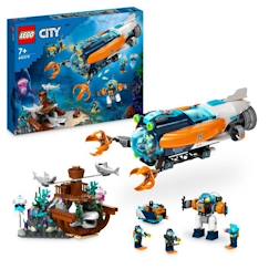 -LEGO® City 60379 Le Sous-Marin d’Exploration en Eaux Profondes, Jouet avec Plongeur, et Requin