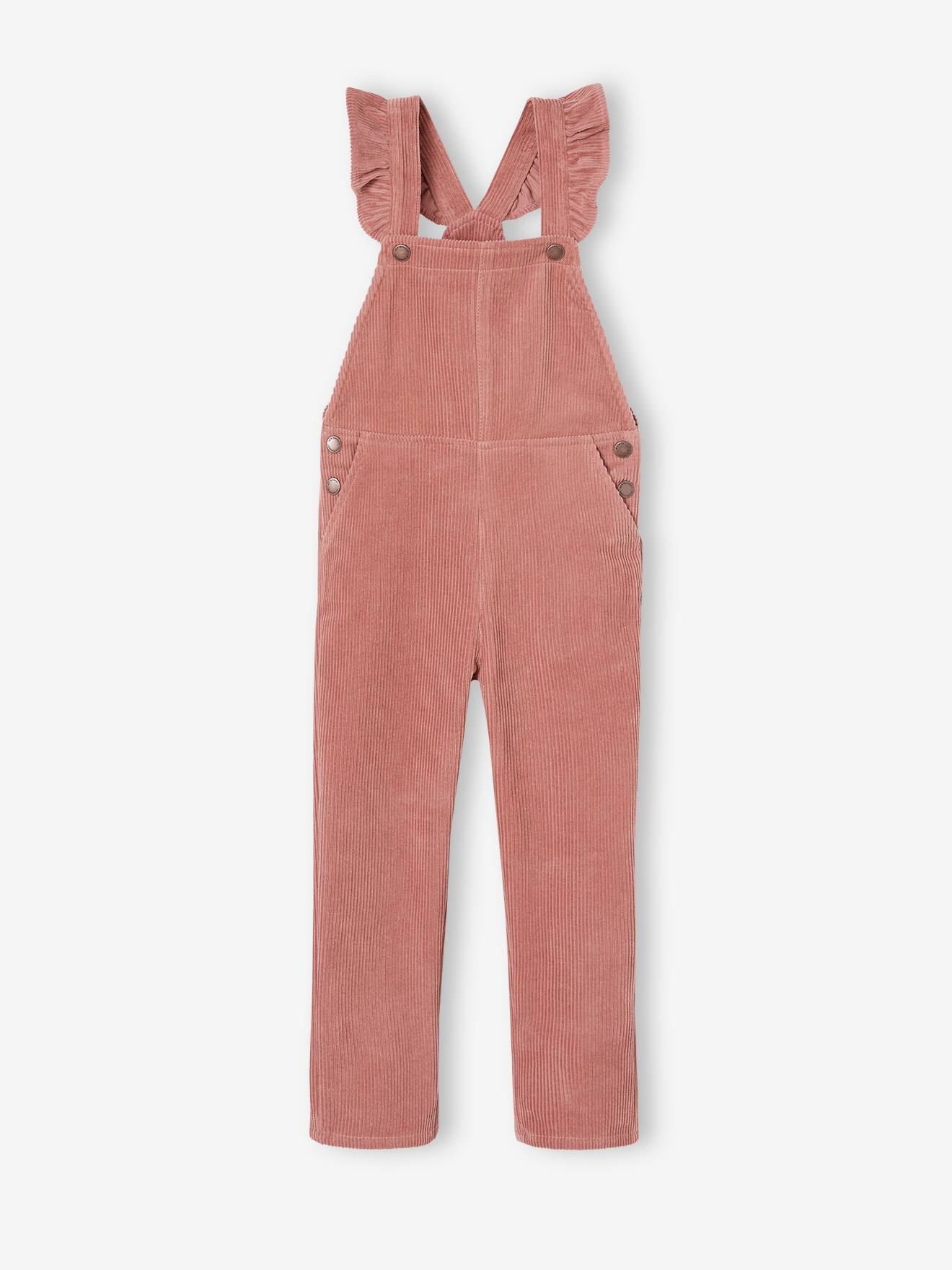 Salopette en velours à bretelles volantées fille bois de rose