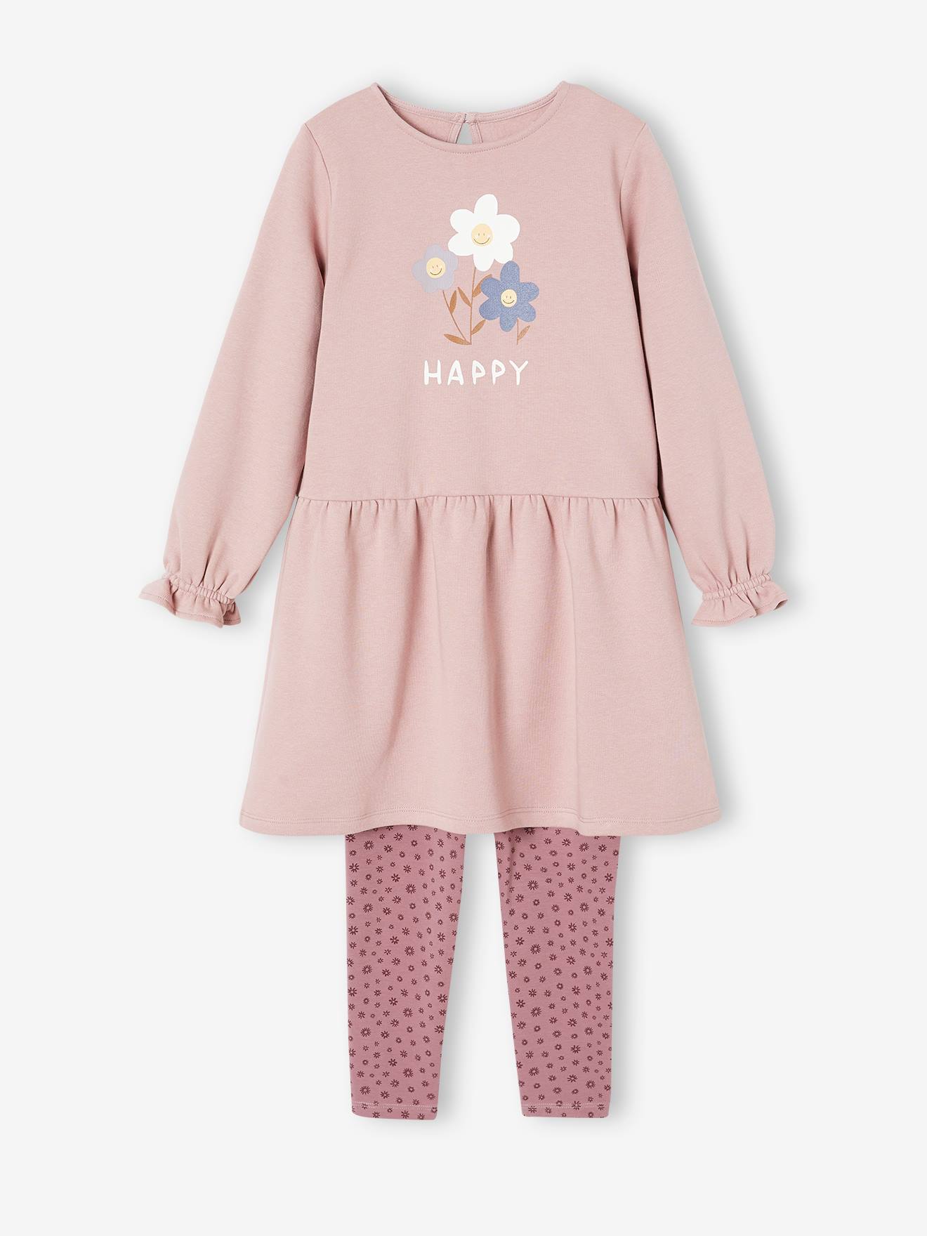 Ensemble robe en molleton et legging fille bois de rose