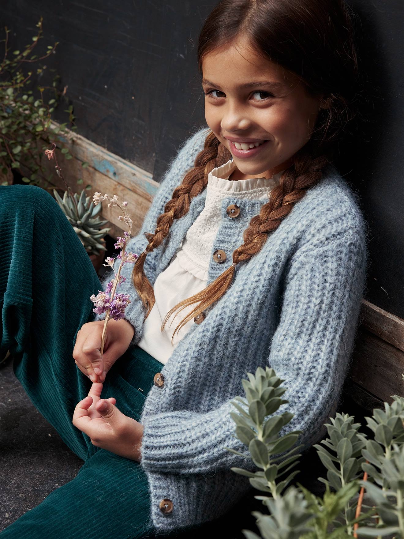 Gilet loose en maille mousseuse fille bleu pétrole