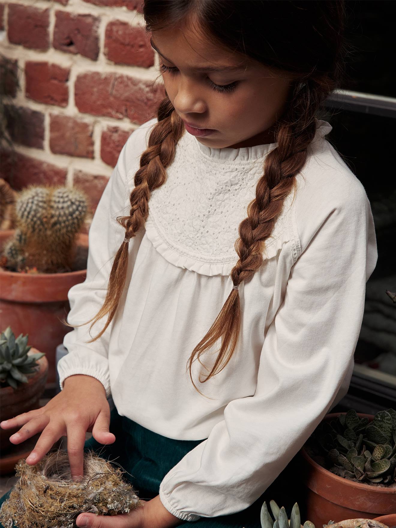 Tee-shirt blouse détail en broderie anglaise fille manches longues écru