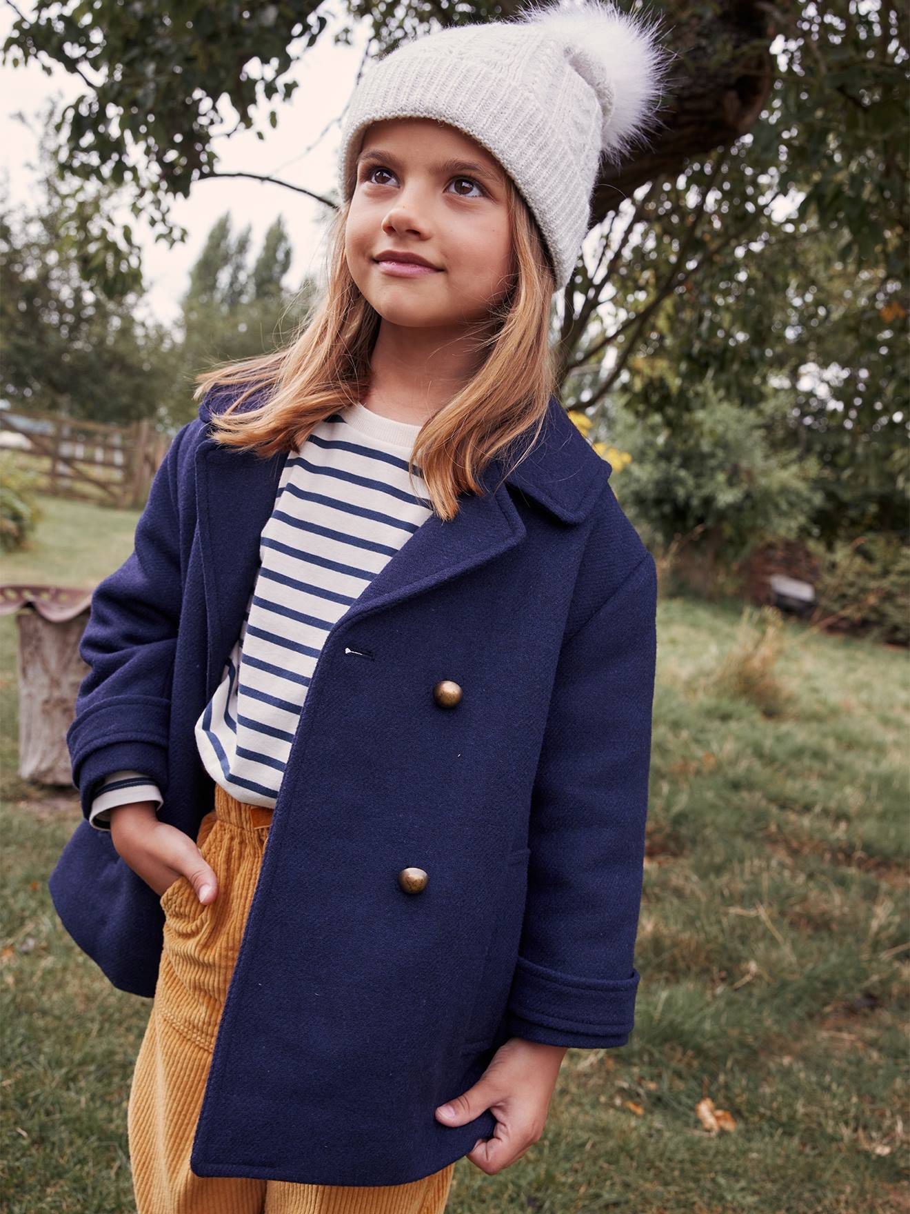 Manteau officier en drap de laine fille marine