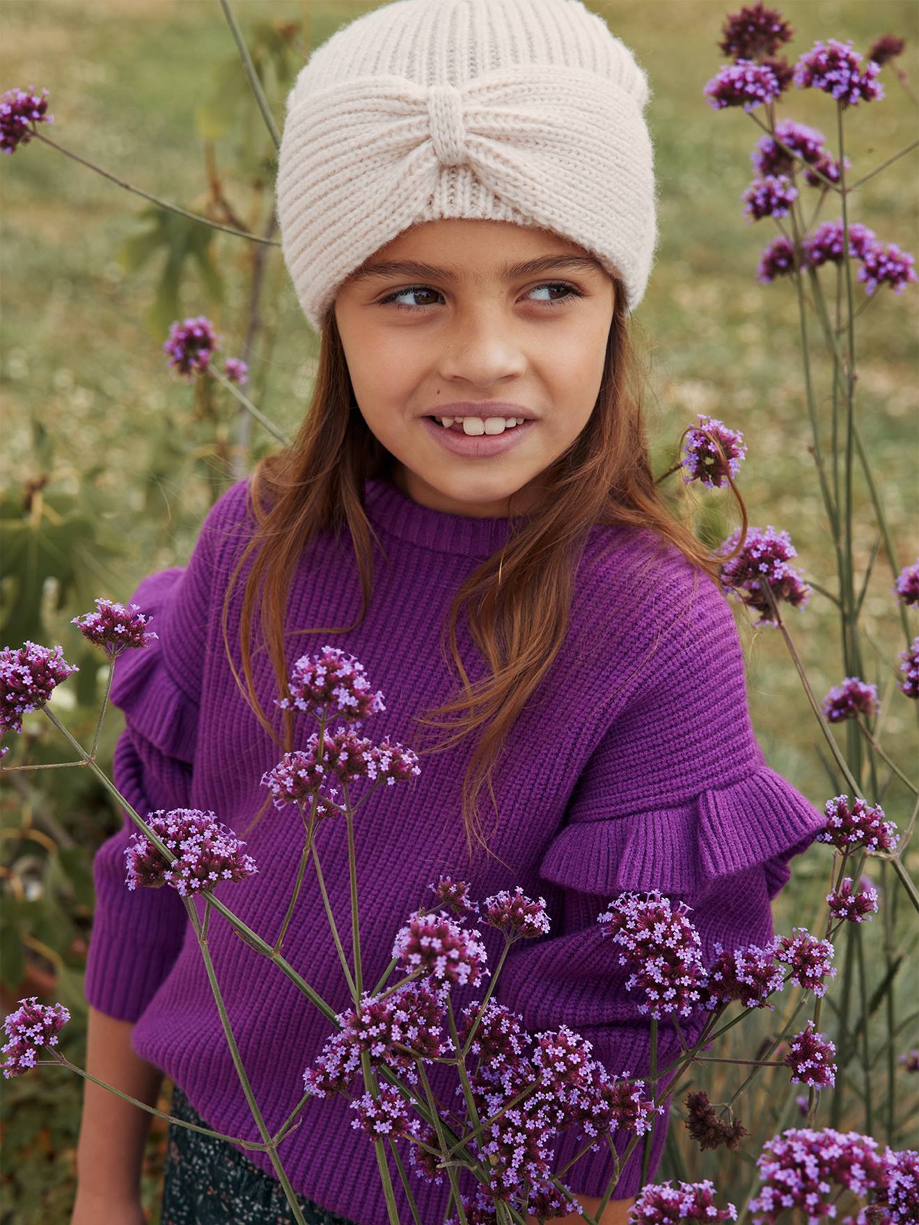 Bonnet fille en maille côtelée avec noeud fantaisie beige chiné