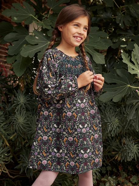 Fille-Robe à smocks motifs forêt enchantée fille