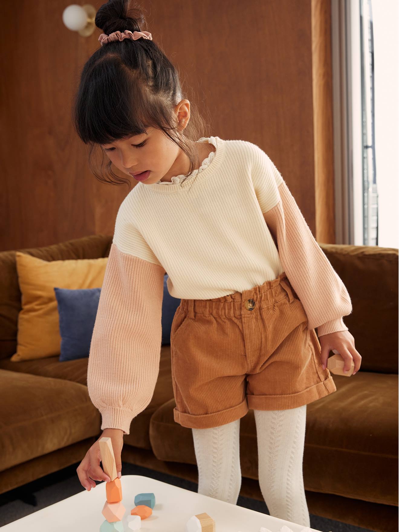 Short paperbag en velours fille camel
