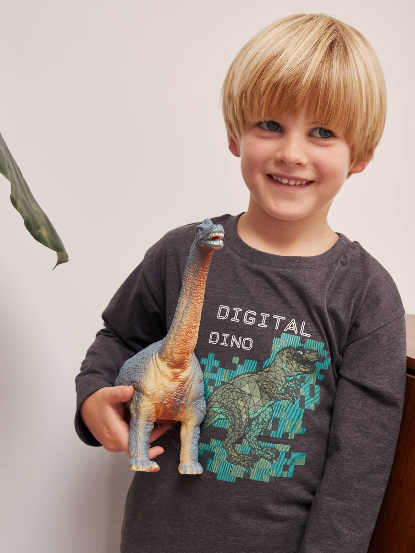 T-shirt digital dino effet pixel en relief garçon gris chiné