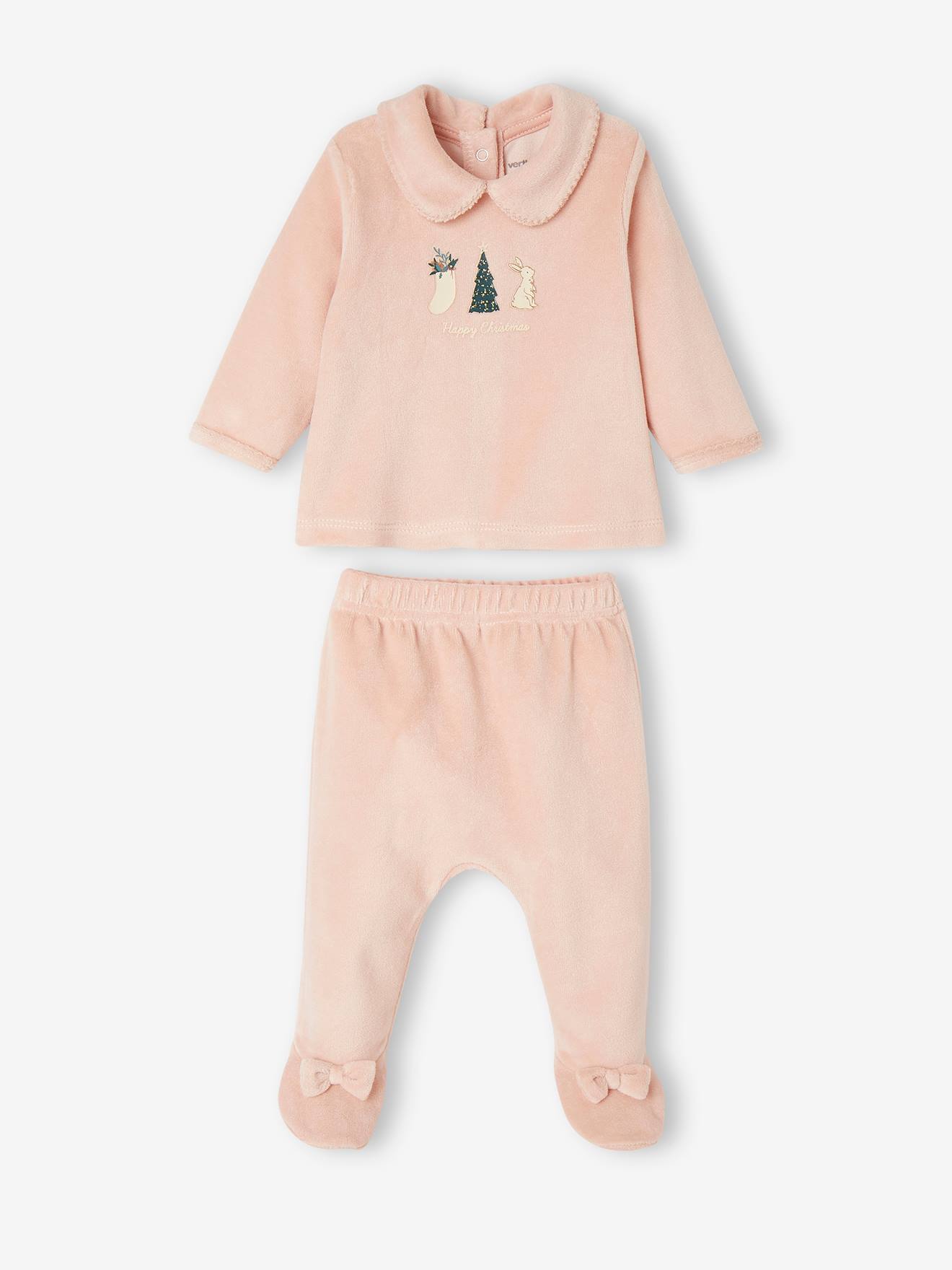 Pyjama de Noël bébé 2 pièces en velours rose poudré