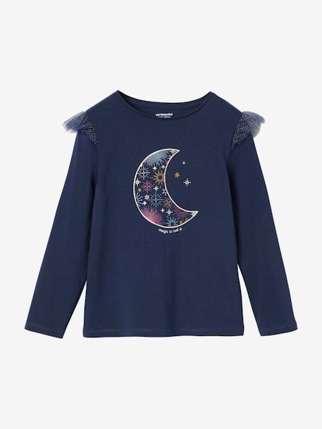 Fille-T-shirt, sous-pull-Tee-shirt de Noël motif lune irisé fille volants pailletés