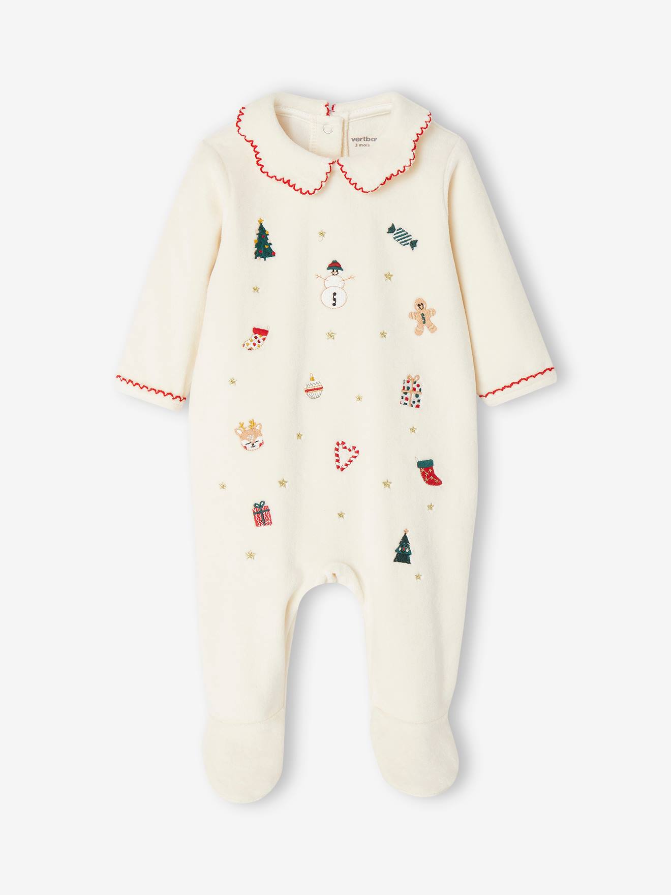 Pyjama Noël bébé fille brodé en velours écru (Vertbaudet) - Image 1