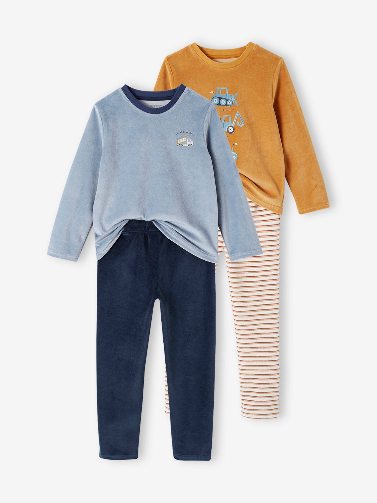 Lot de 2 pyjamas velours tractopelle garçon vert sauge