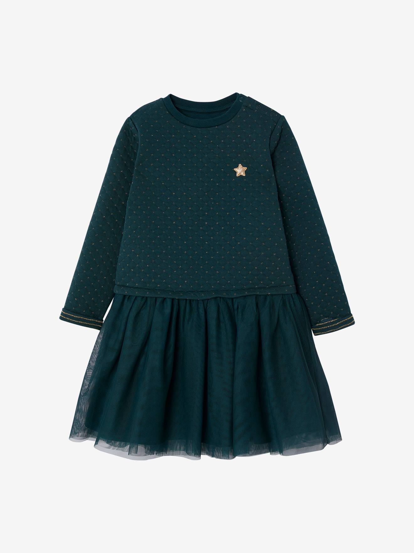 Robe de Noël fille bi-matière vert