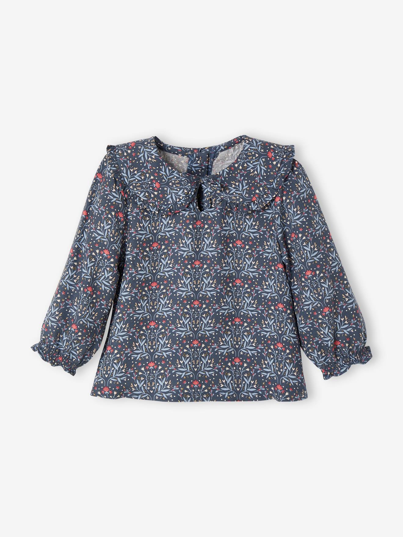 Blouse fleurie bébé col claudine bleu ardoise
