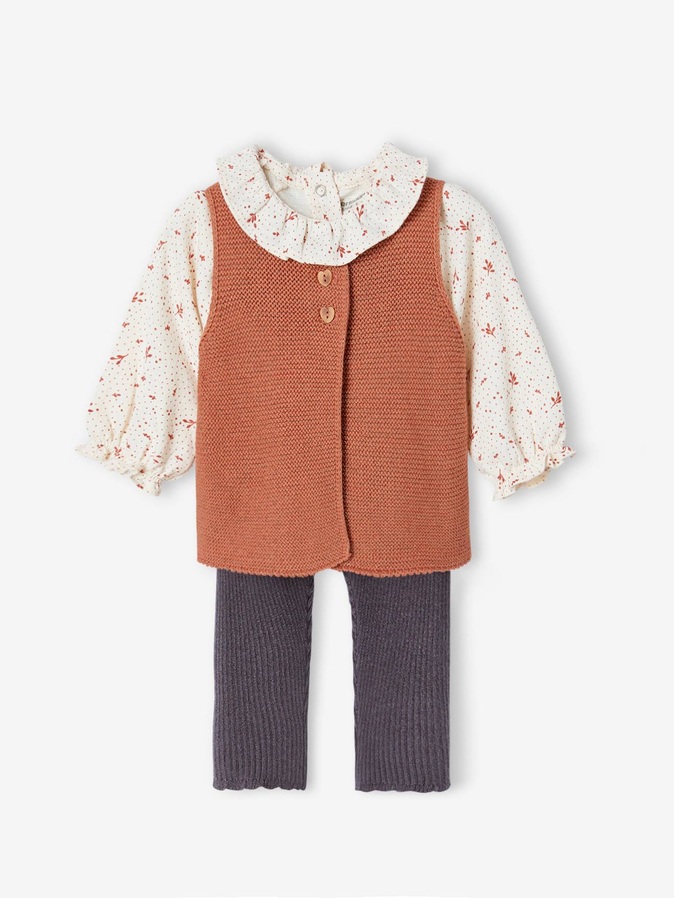 Ensemble 3 pièces bébé : legging + gilet + blouse tomette