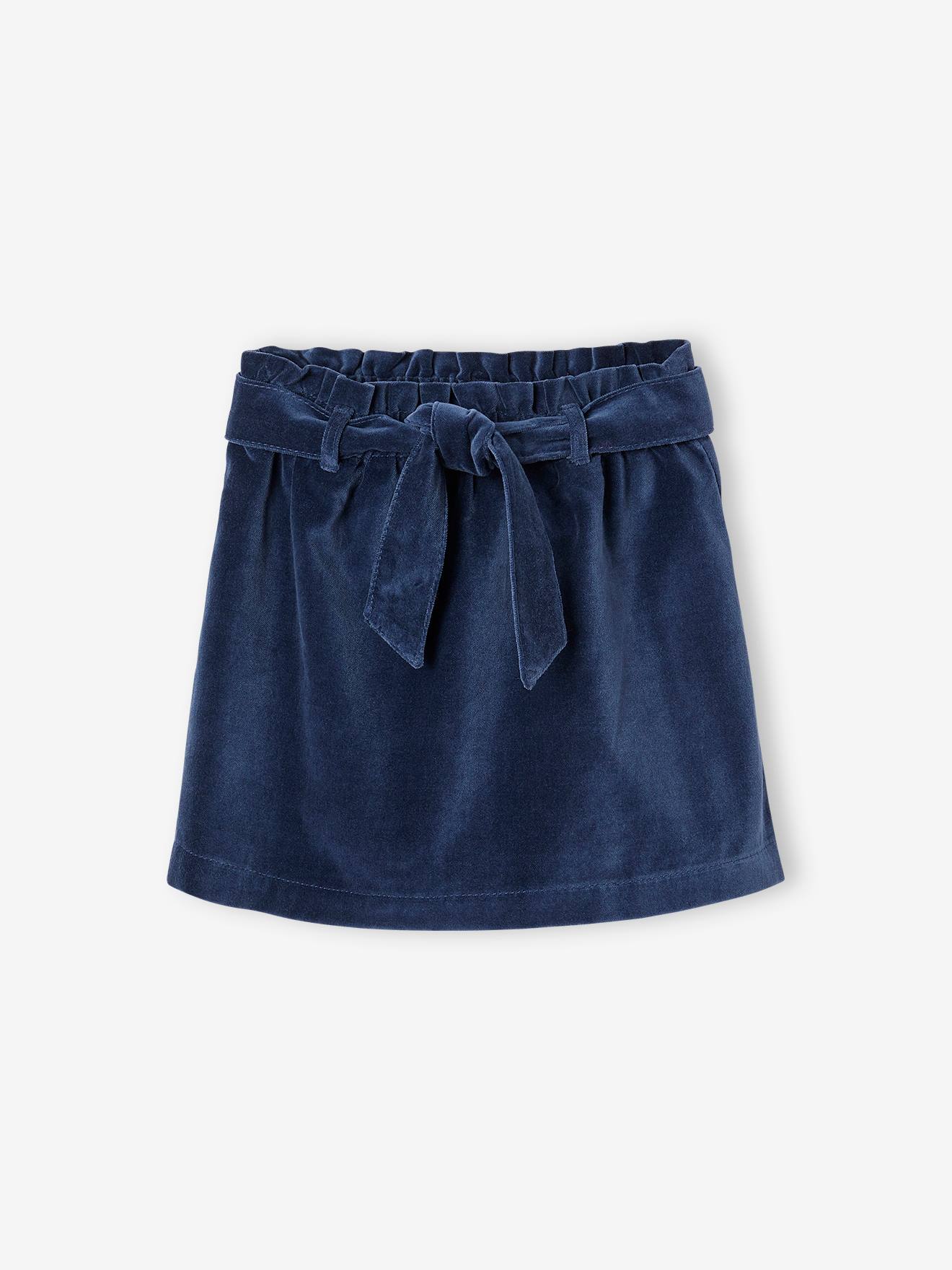 Jupe paperbag en velours lisse fille bleu nuit