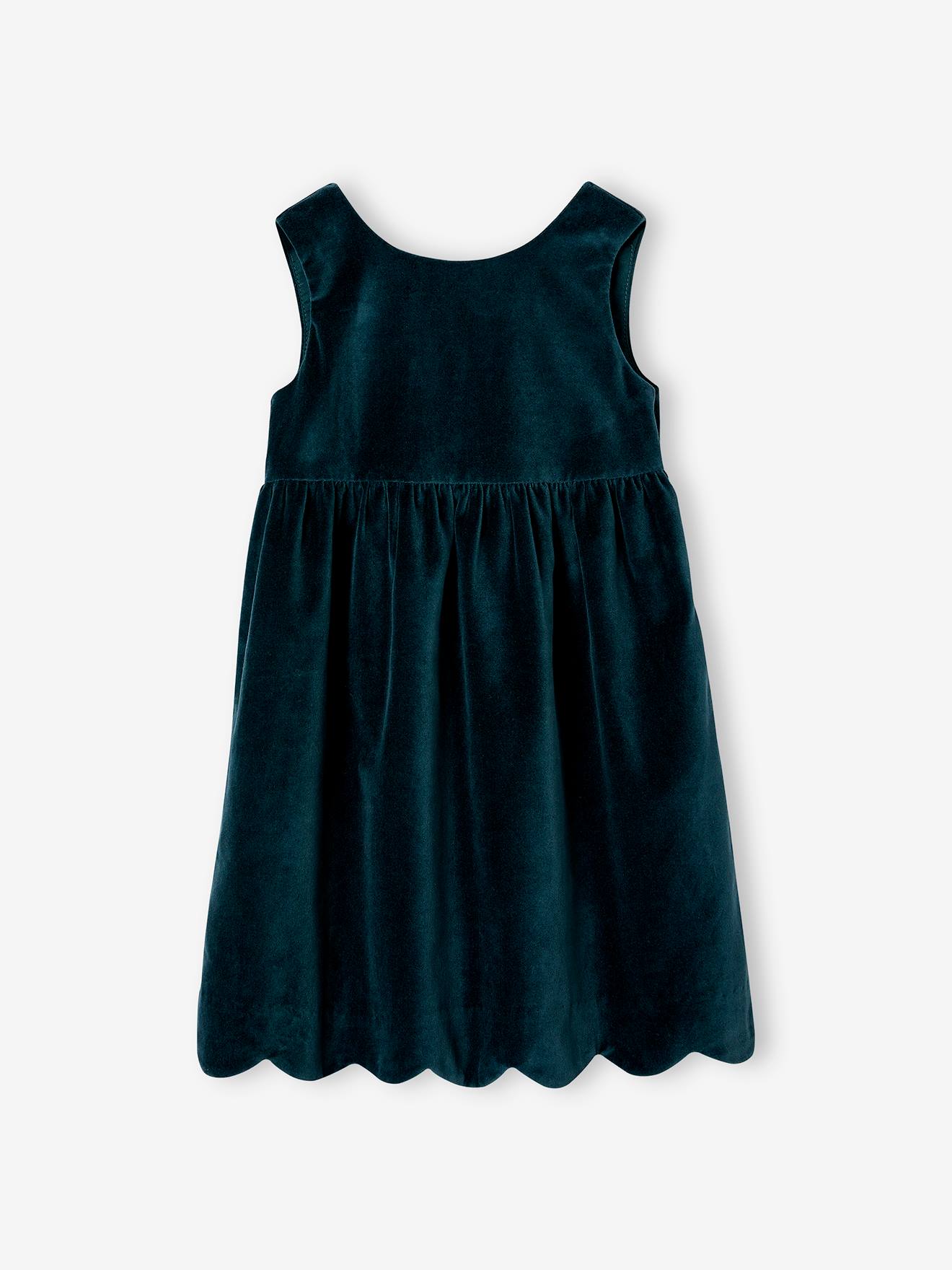 Robe de fête en velours lisse fille noeud au dos vert
