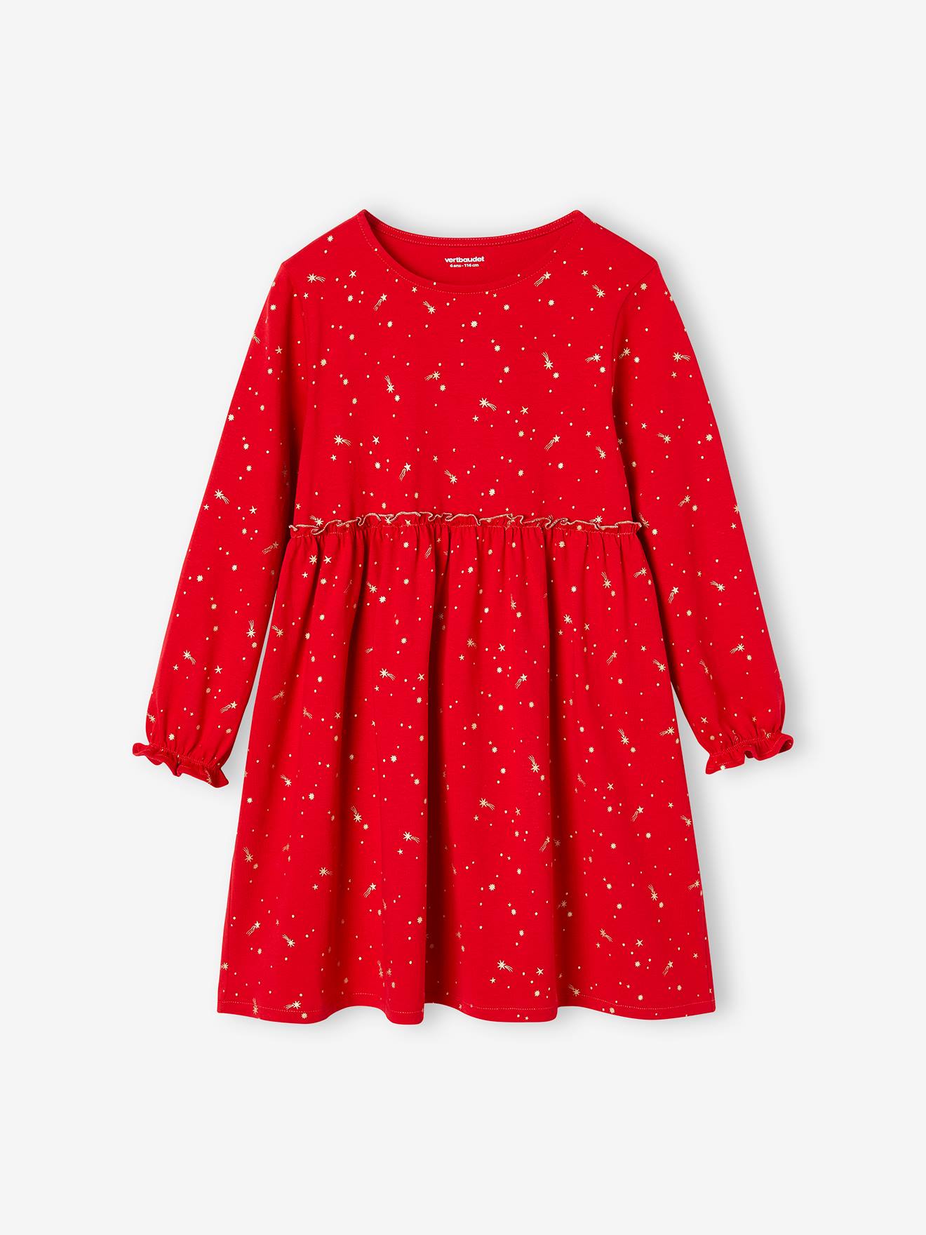 Robe de fête fille motifs étoiles irisés rouge