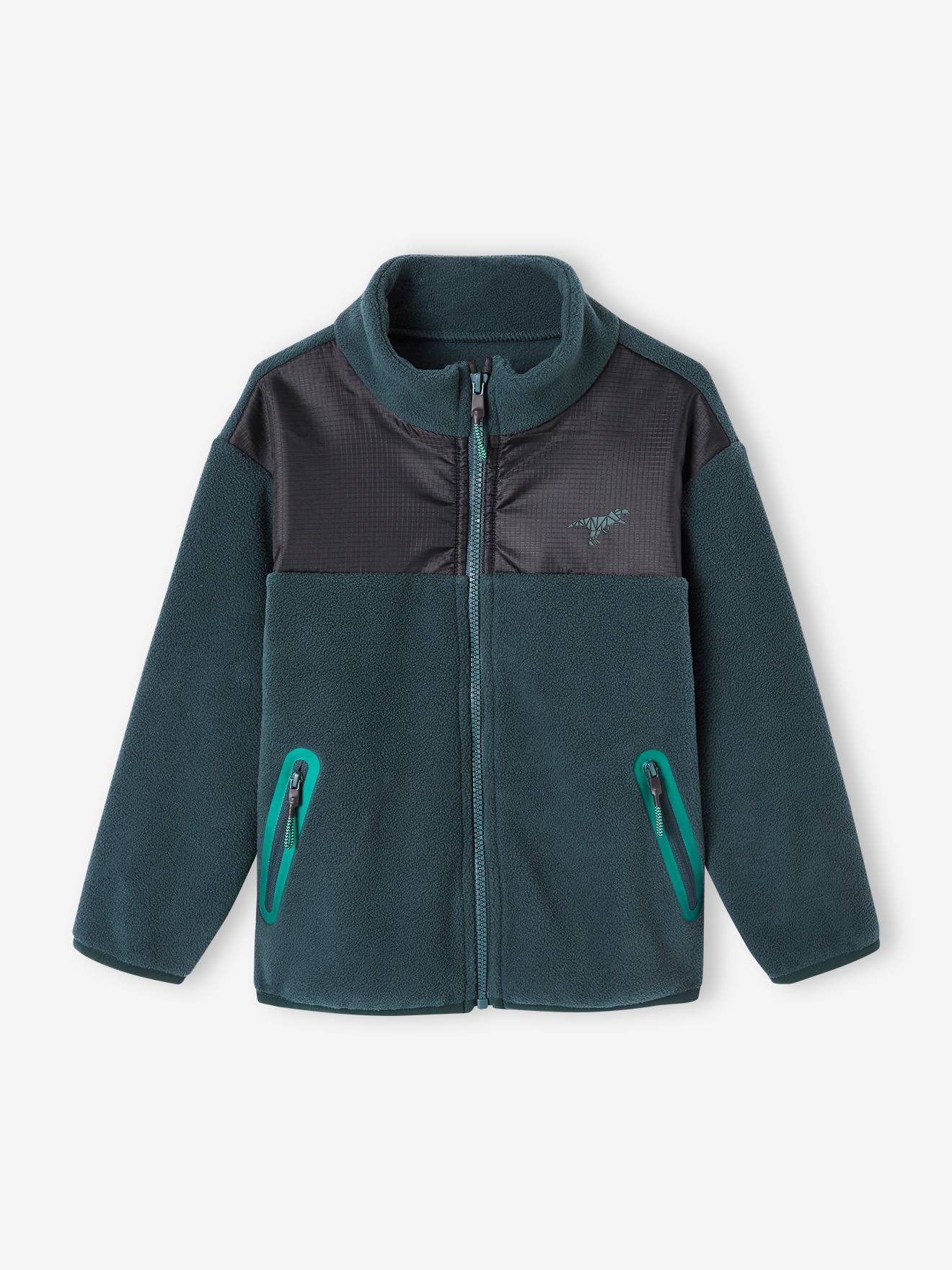 Sweat zippé en maille polaire garçon badge baleine en relief vert sapin