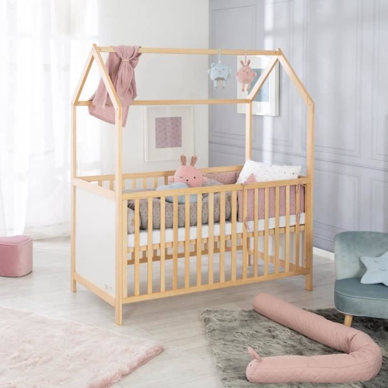 Lit bébé évolutif cannage avec tiroir de rangement LIGNE POESIE - rose  nude, Chambre et rangement