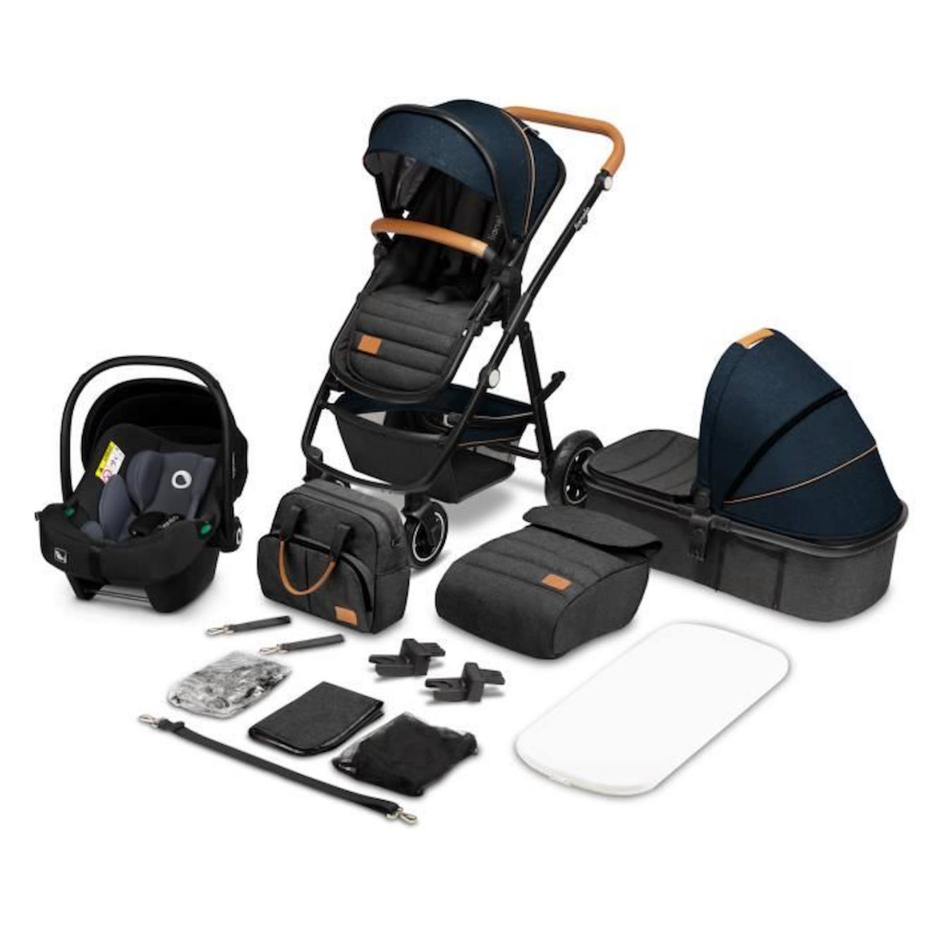 LIONELO Amber - Poussette bébé 3en1 - Jusqu'à 22Kg - Inclu nacelle, cosy,  siège auto, sac et accessoires - iSize - Gris