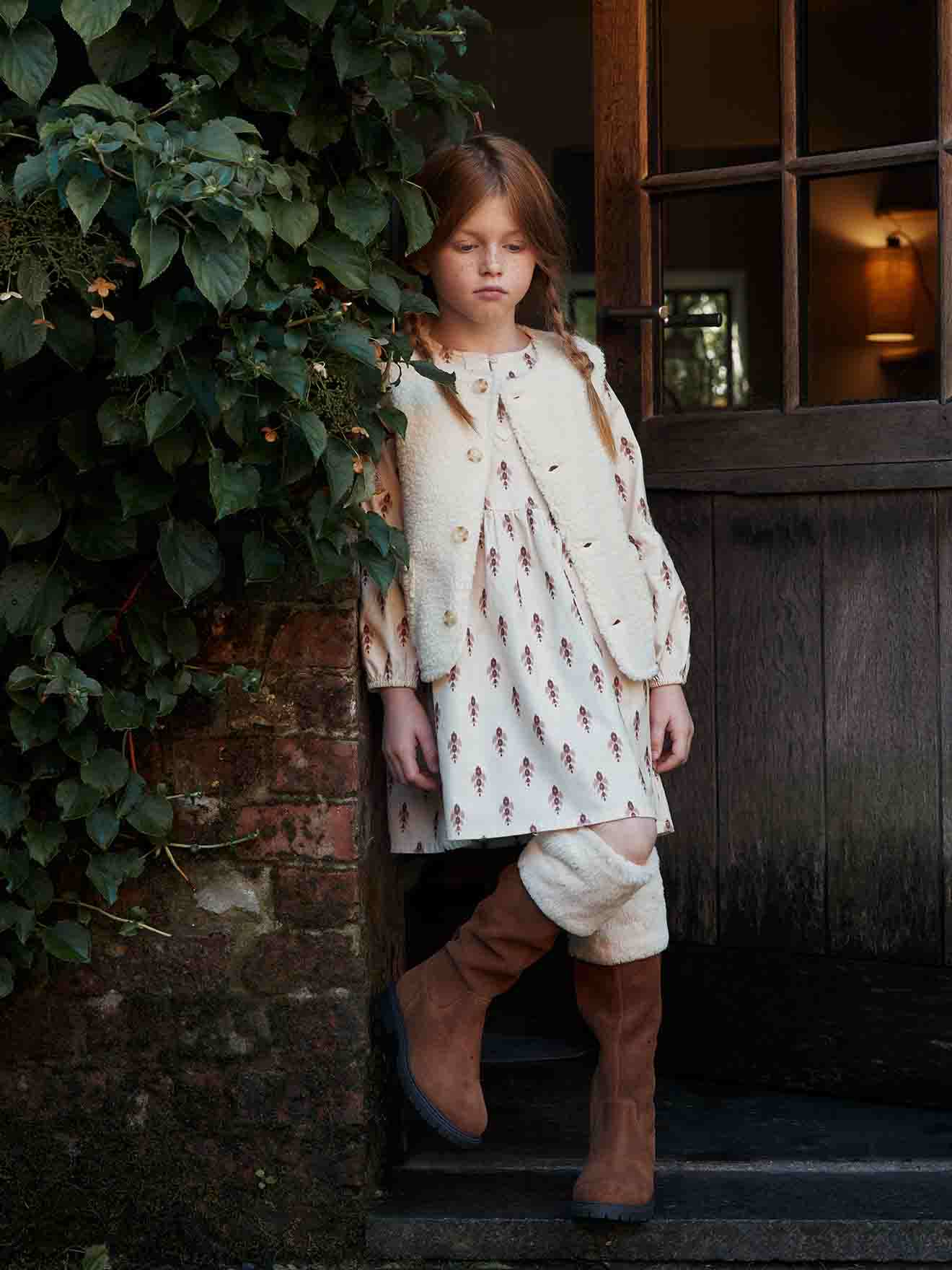 Robe à volants en velours imprimé fille beige poudré