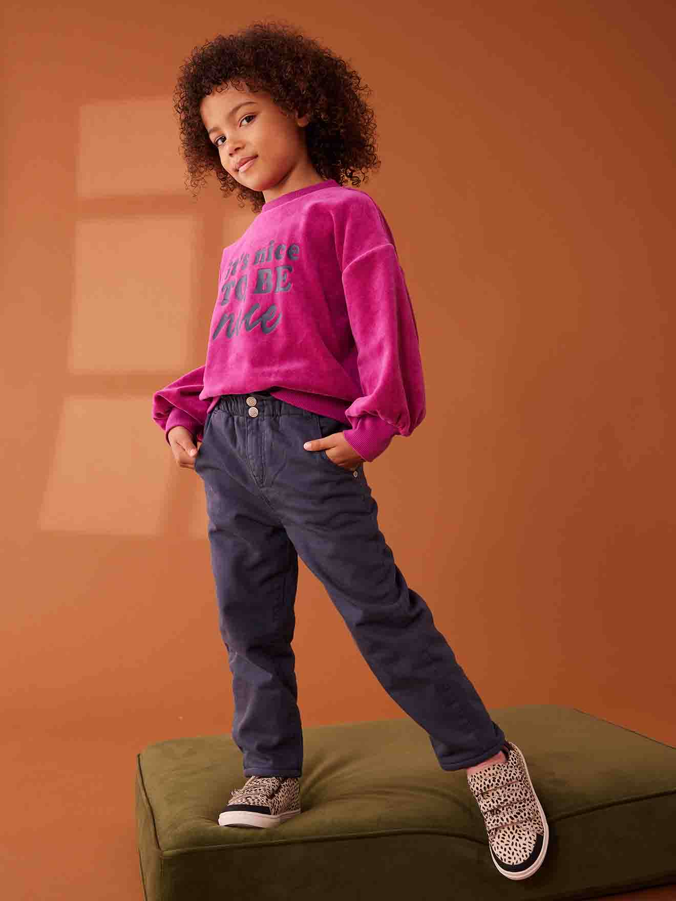 Pantalon style paperbag doublé polaire fille bleu nuit