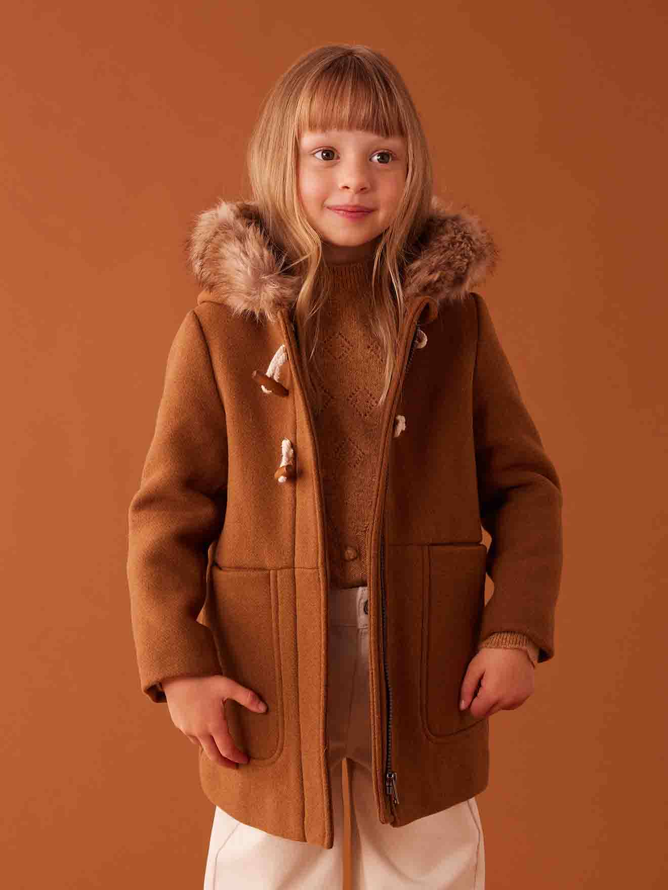 Duffle-coat à capuche fille drap de laine camel
