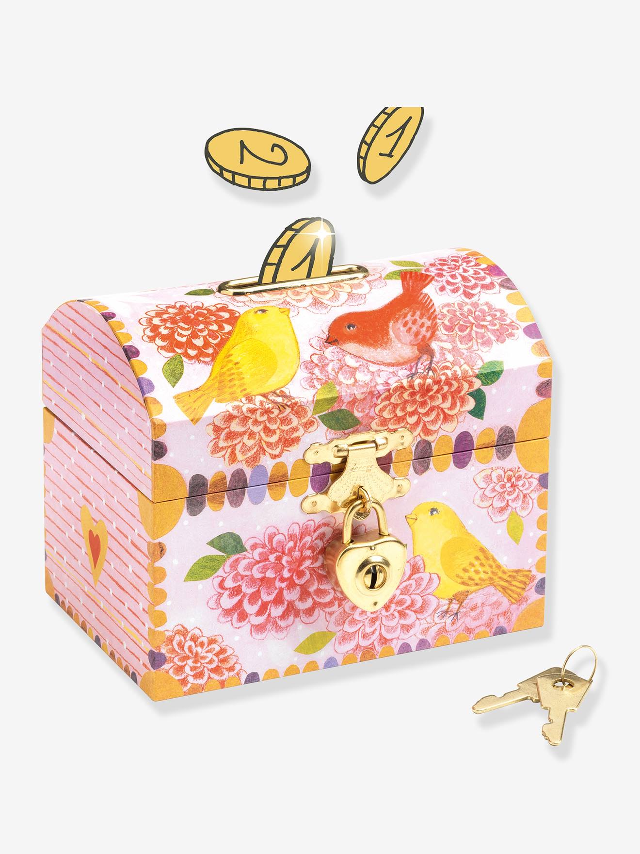 Tirelire Bois Oiseaux et Fleurs - DJECO rose imprimé