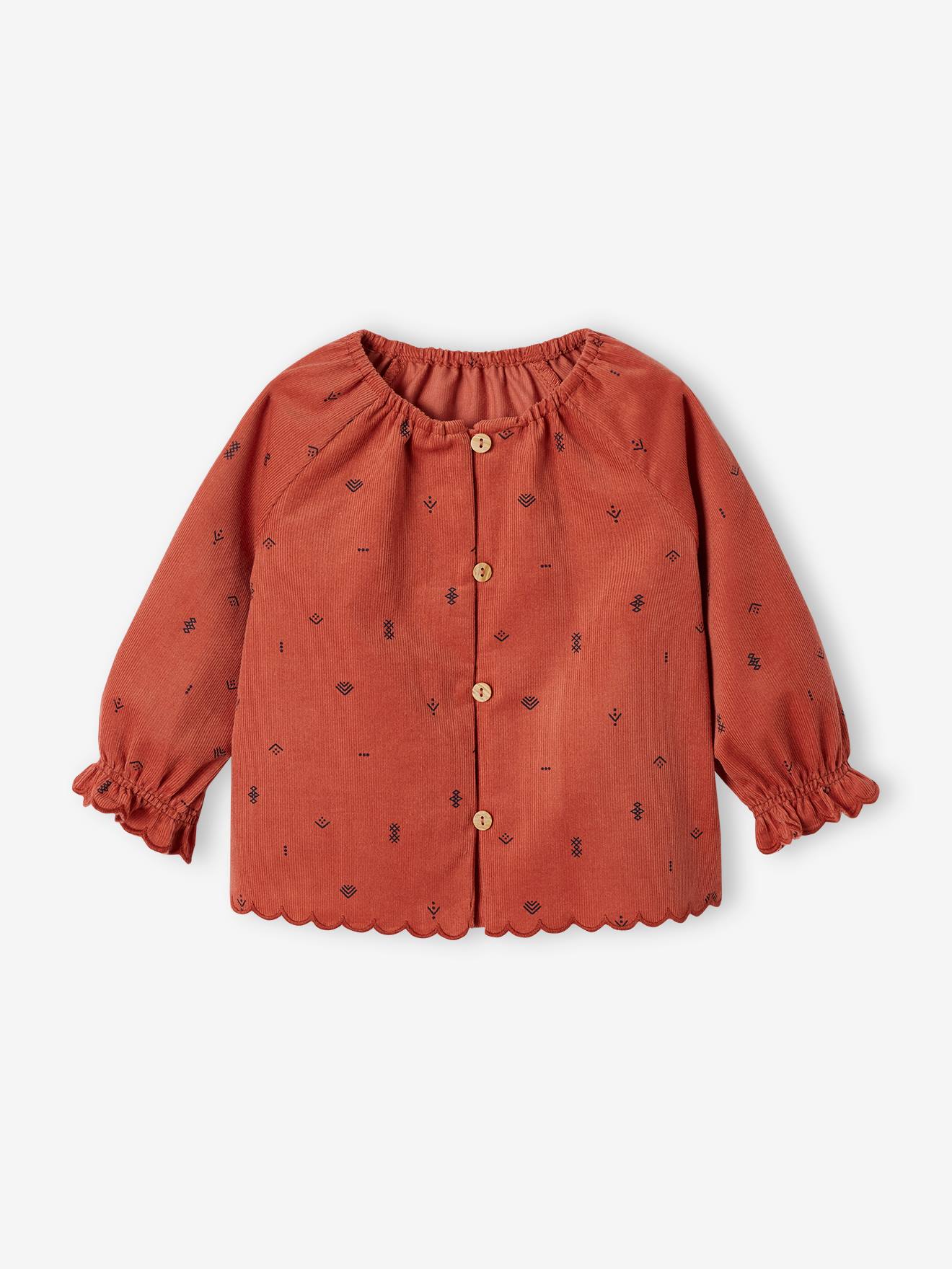 Blouse en fin velours côtelé bébé imprimé géométrique tomette