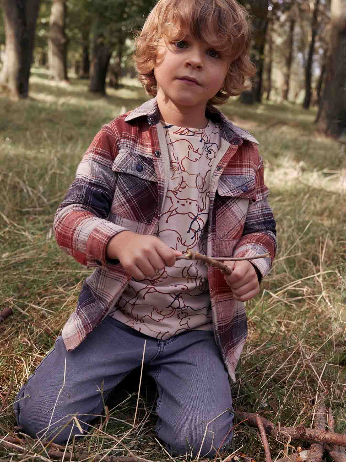 Chemise à carreaux en flanelle doublée sherpa garçon tomette