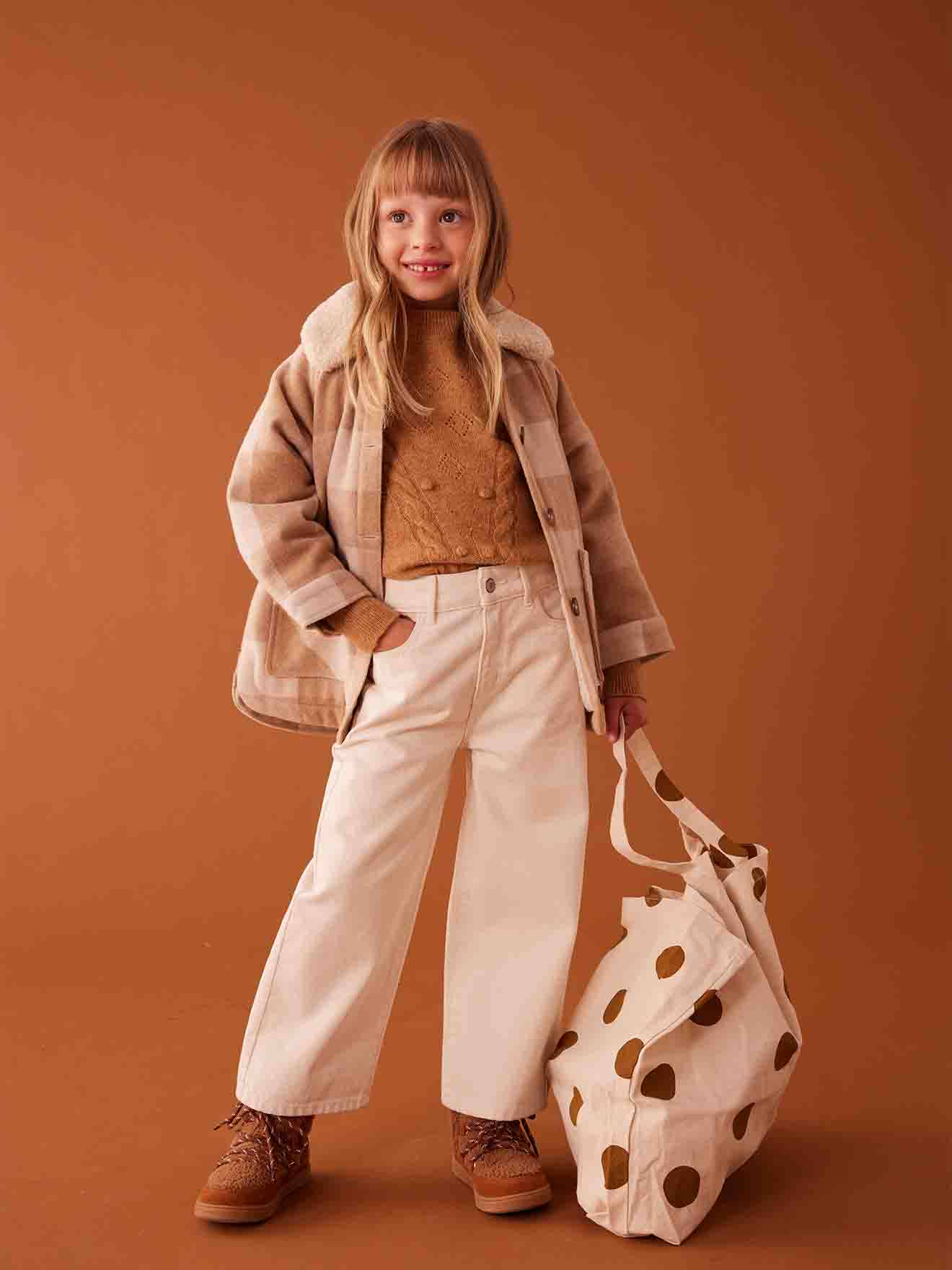 Manteau style surchemise en lainage à carreaux fille carreaux marron