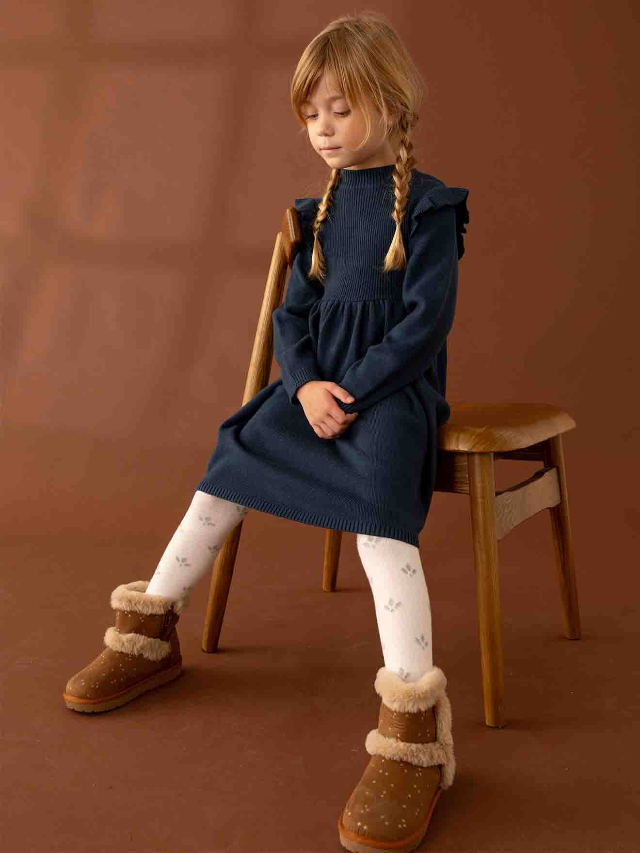 Robe à volants en tricot fille bleu nuit