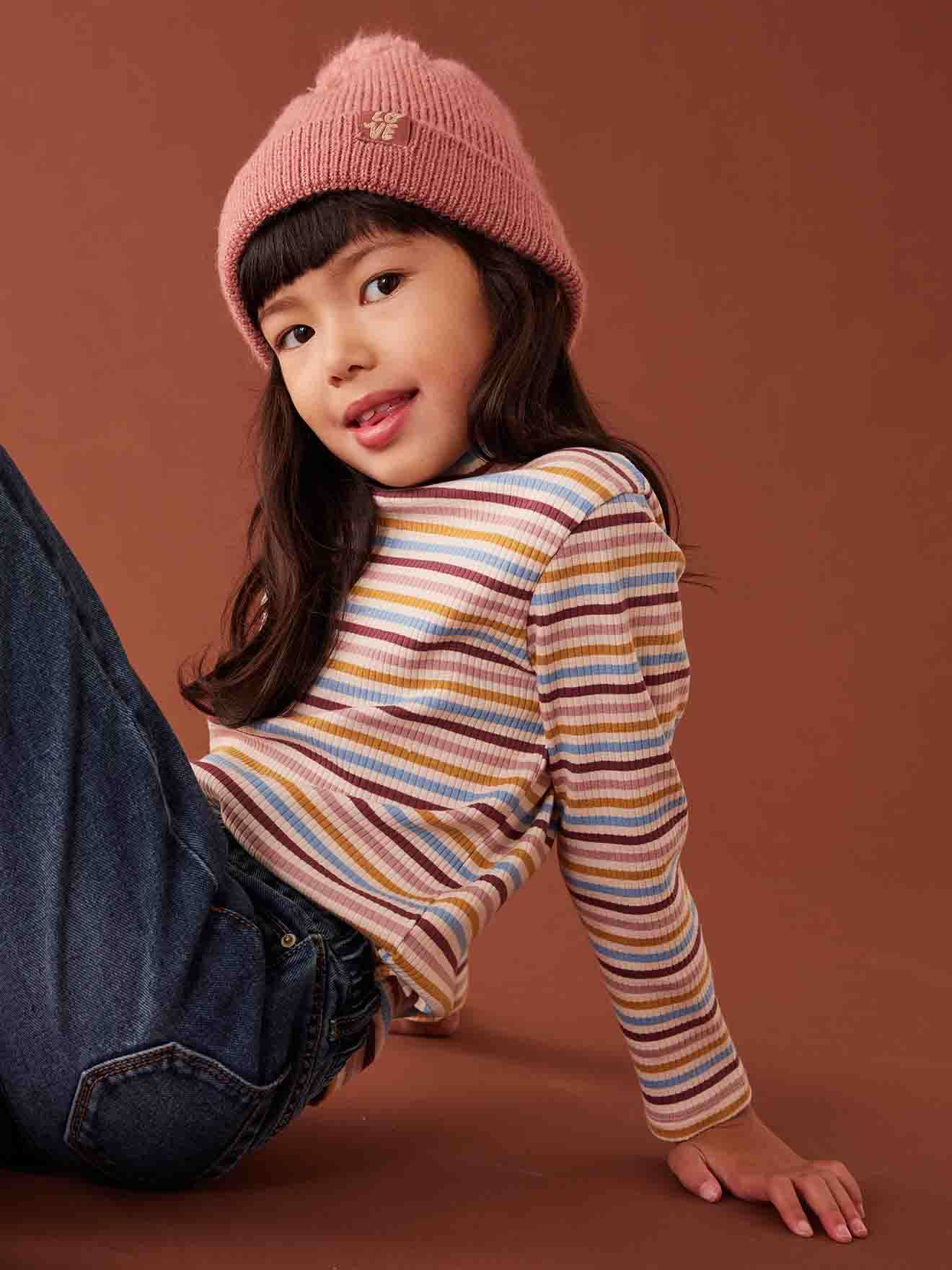 T-shirt col roulé en côtes fille multicolore