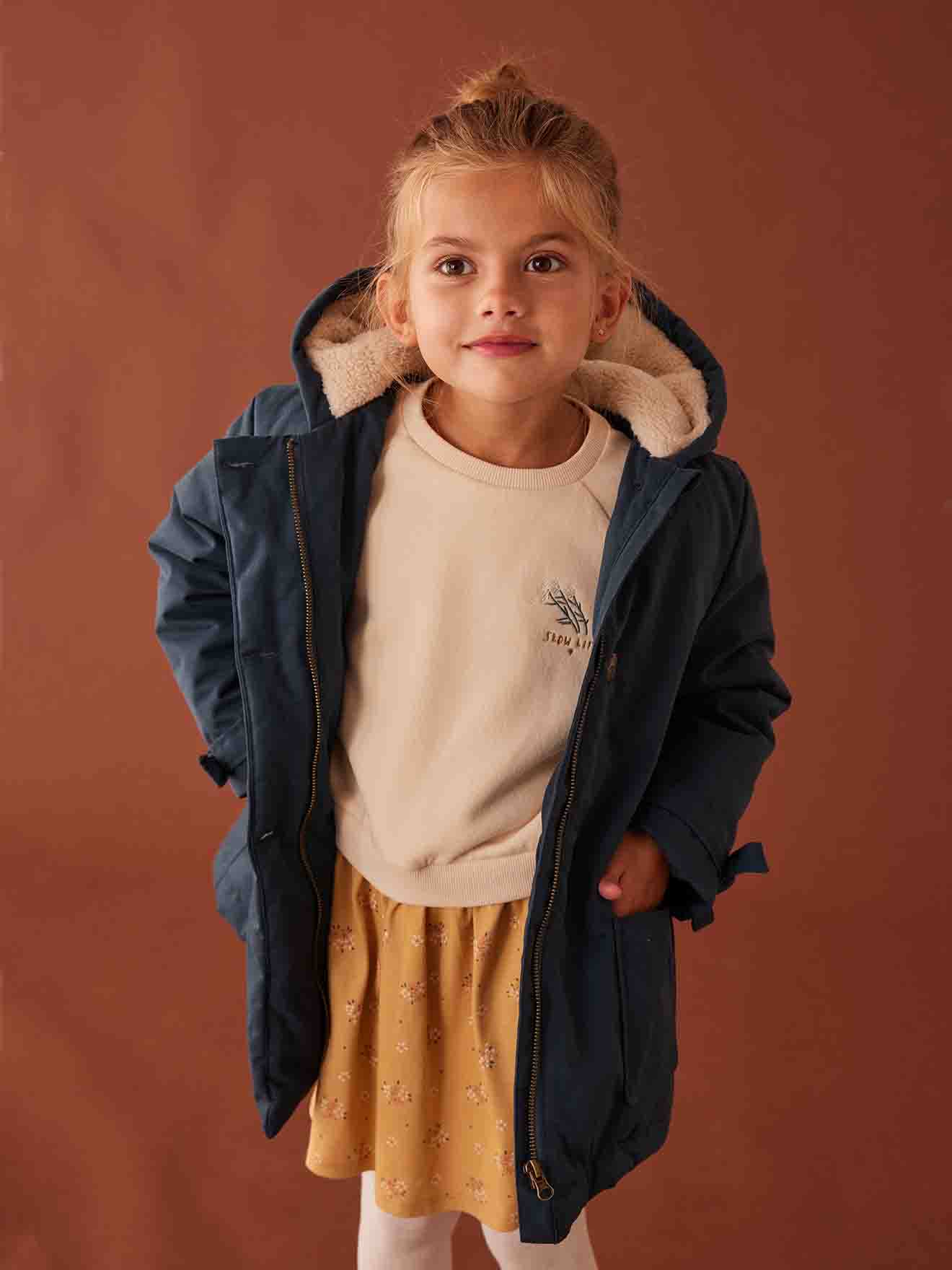 Parka à capuche chic effet peau de pêche fille marine