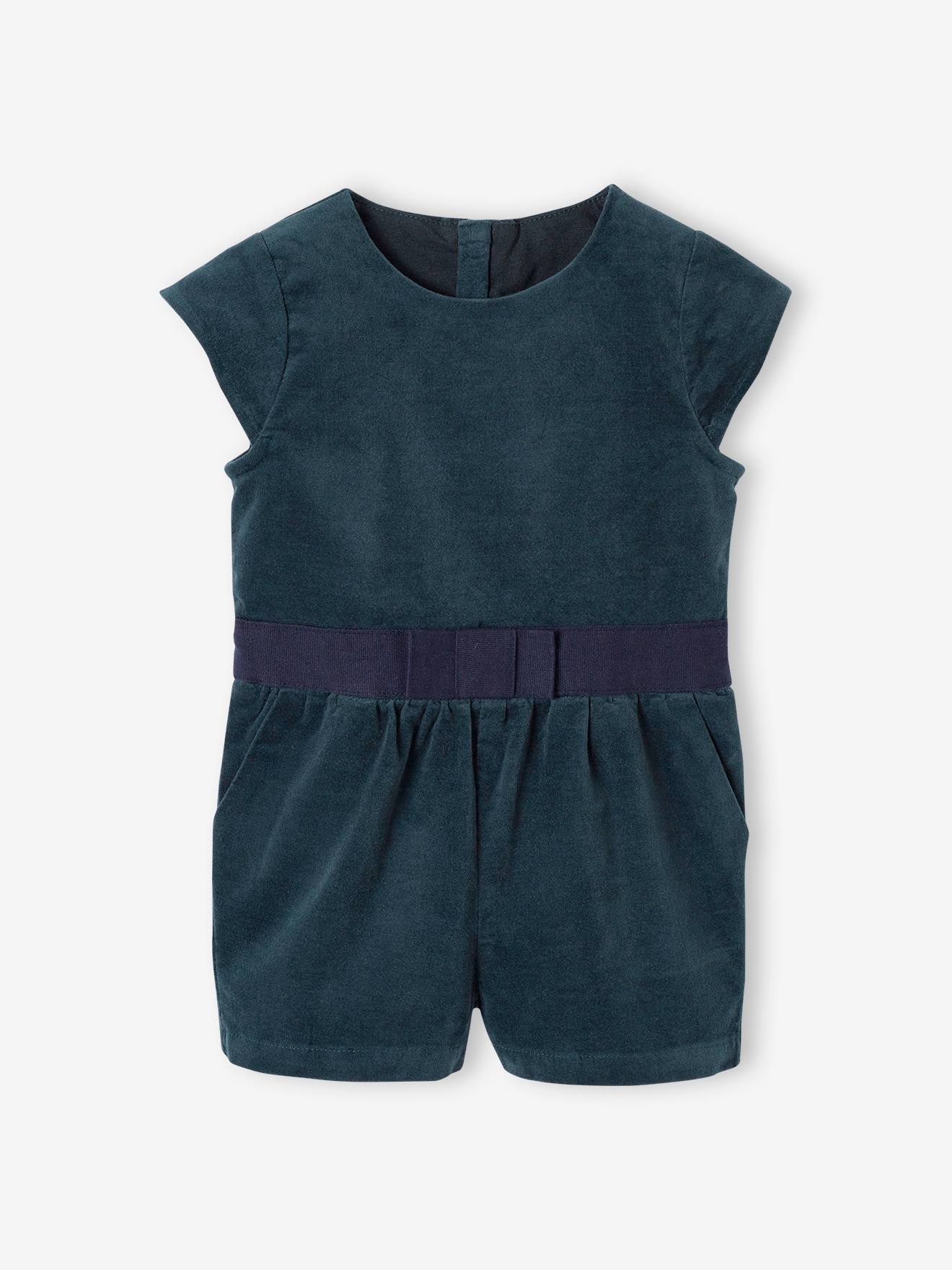 Combishort bébé en velours lisse vert émeraude