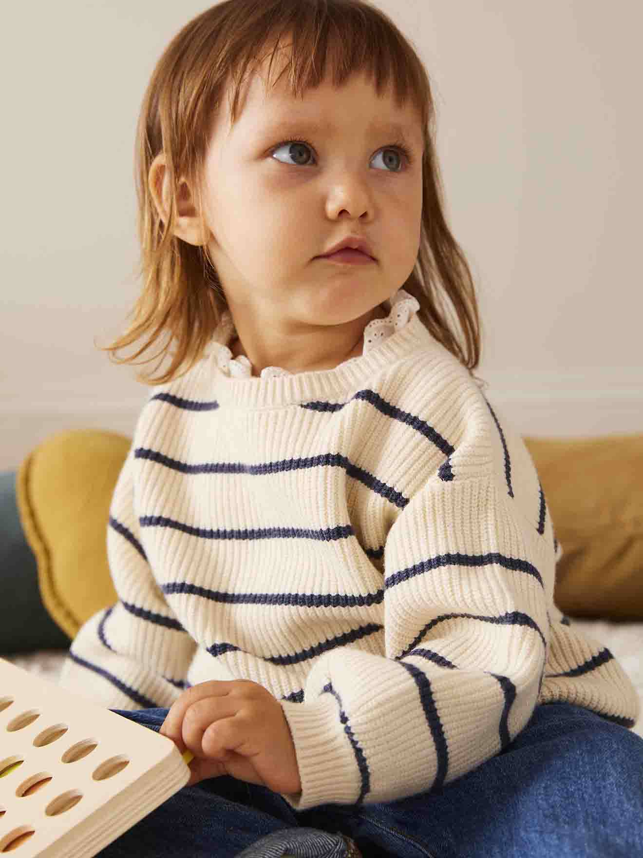 Pull en côte perlée bébé col en broderie anglaise rayé marine