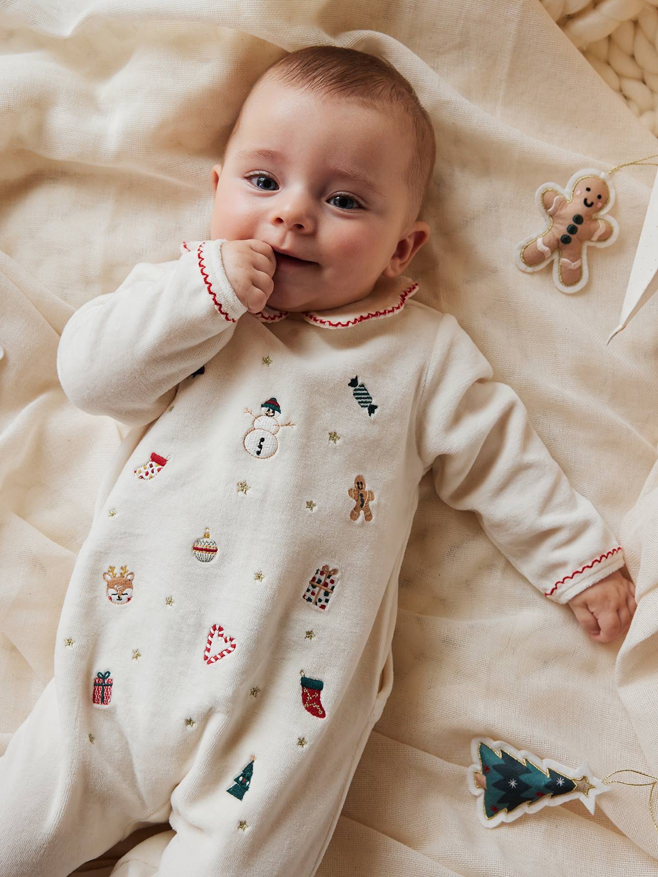 Pyjama de Noël brodé bébé en velours écru