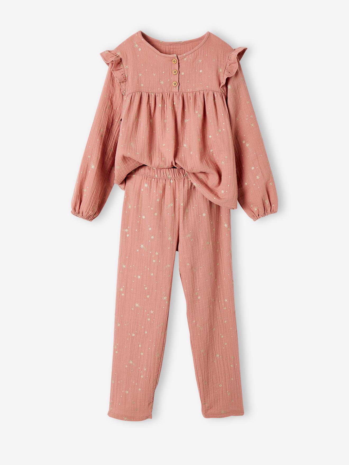 Pyjama long fille noël en gaze de coton blush