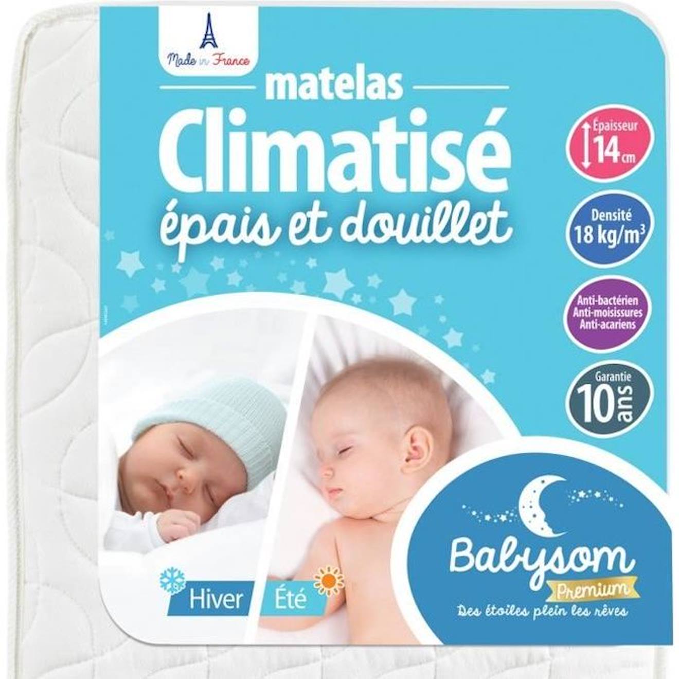matelas bébé climatisé - babysom - 70x140 cm - réversible été fraîche/hiver ouatinée - anti-acarien - oeko-tex® blanc