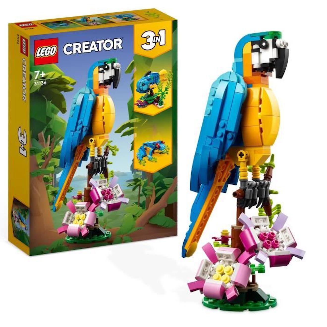 Lego® Creator 3-en-1 31136 Le Perroquet Exotique, Figurines Animaux De La Jungle, Avec Grenouille Et