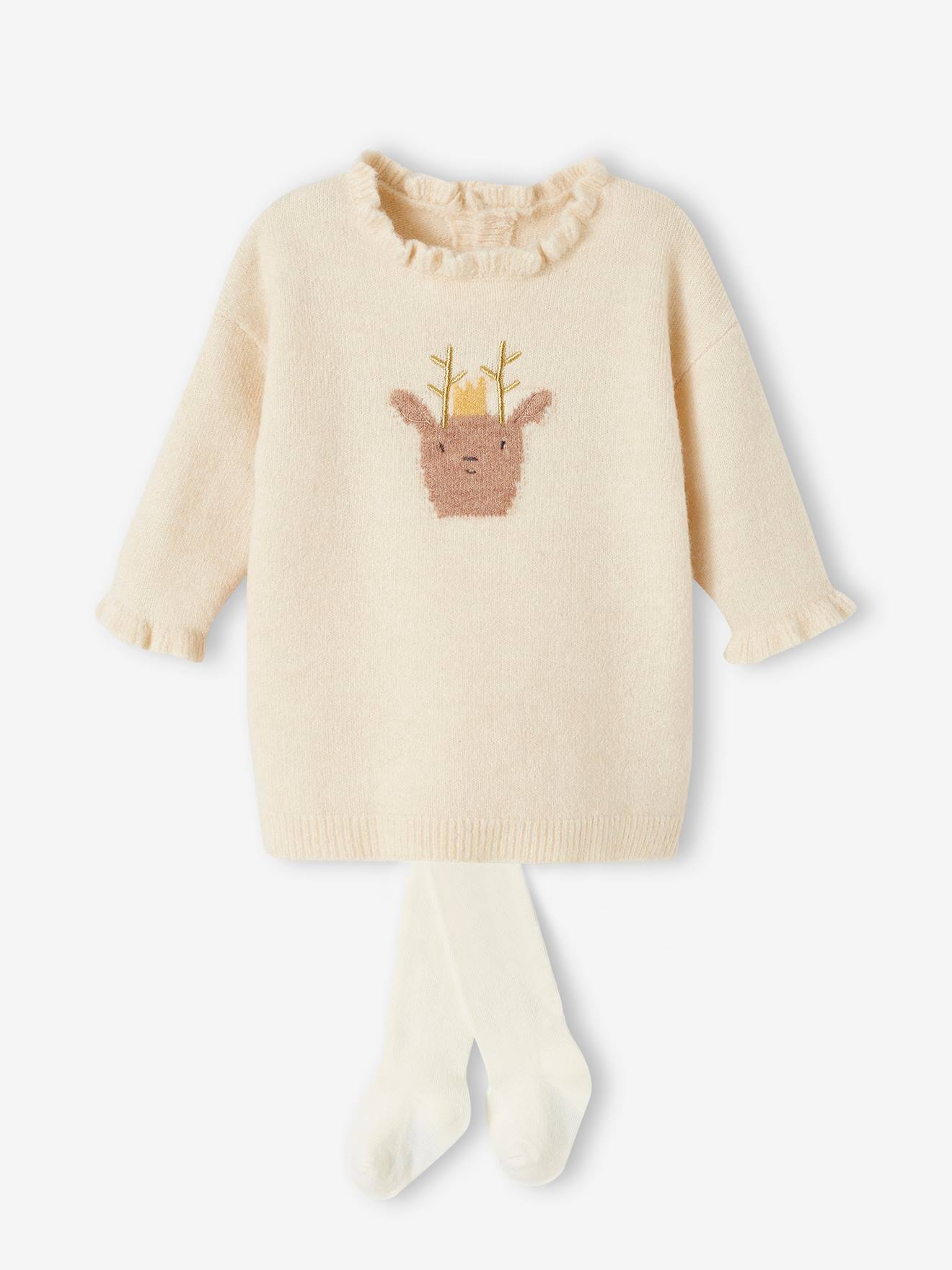 Ensemble de Noël bébé robe en tricot motif renne + collant écru